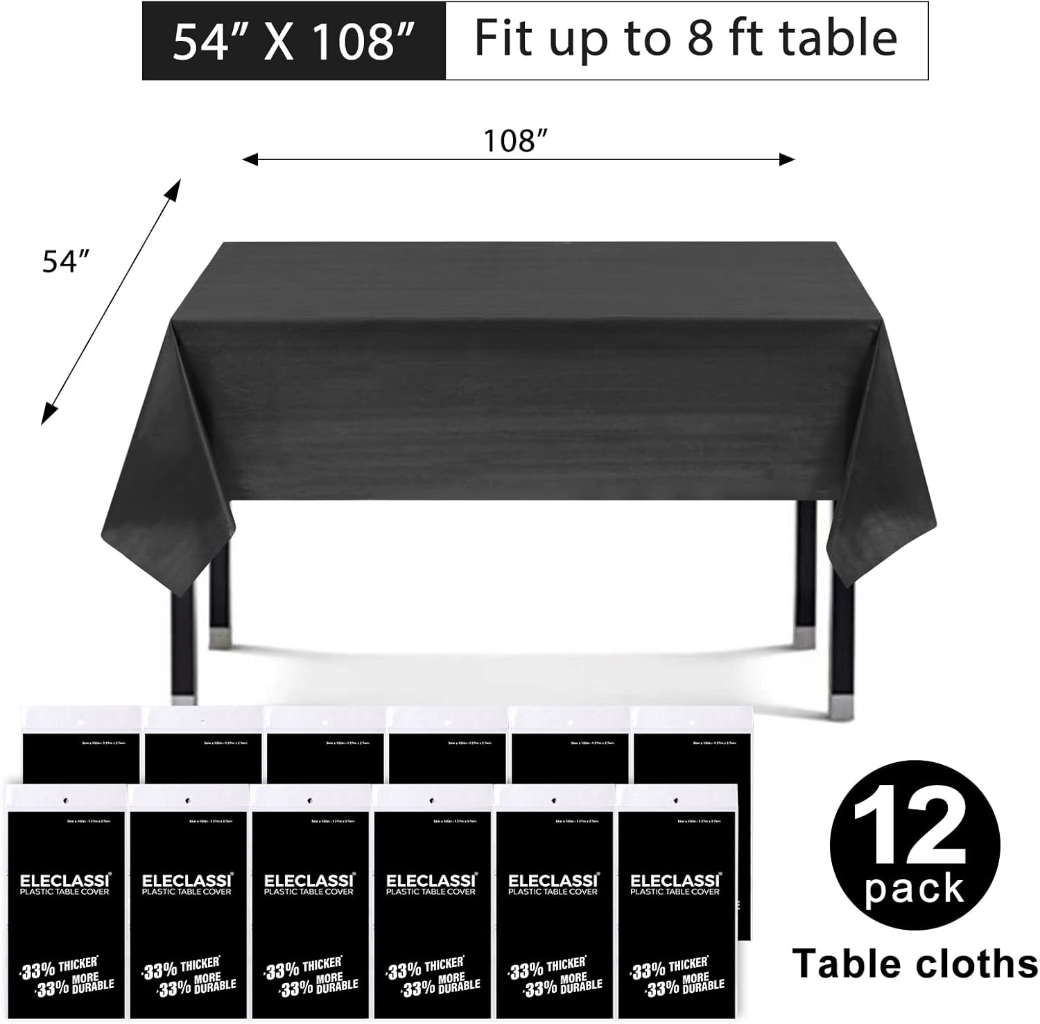 Eleclassi Black 12 Pack Premium Plastic Table Cloth for 8-Foot Tables
