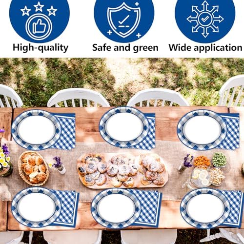 QOUBAI Gingham Oval Plates 11inch Blue White Checkered Set for 25 Guests