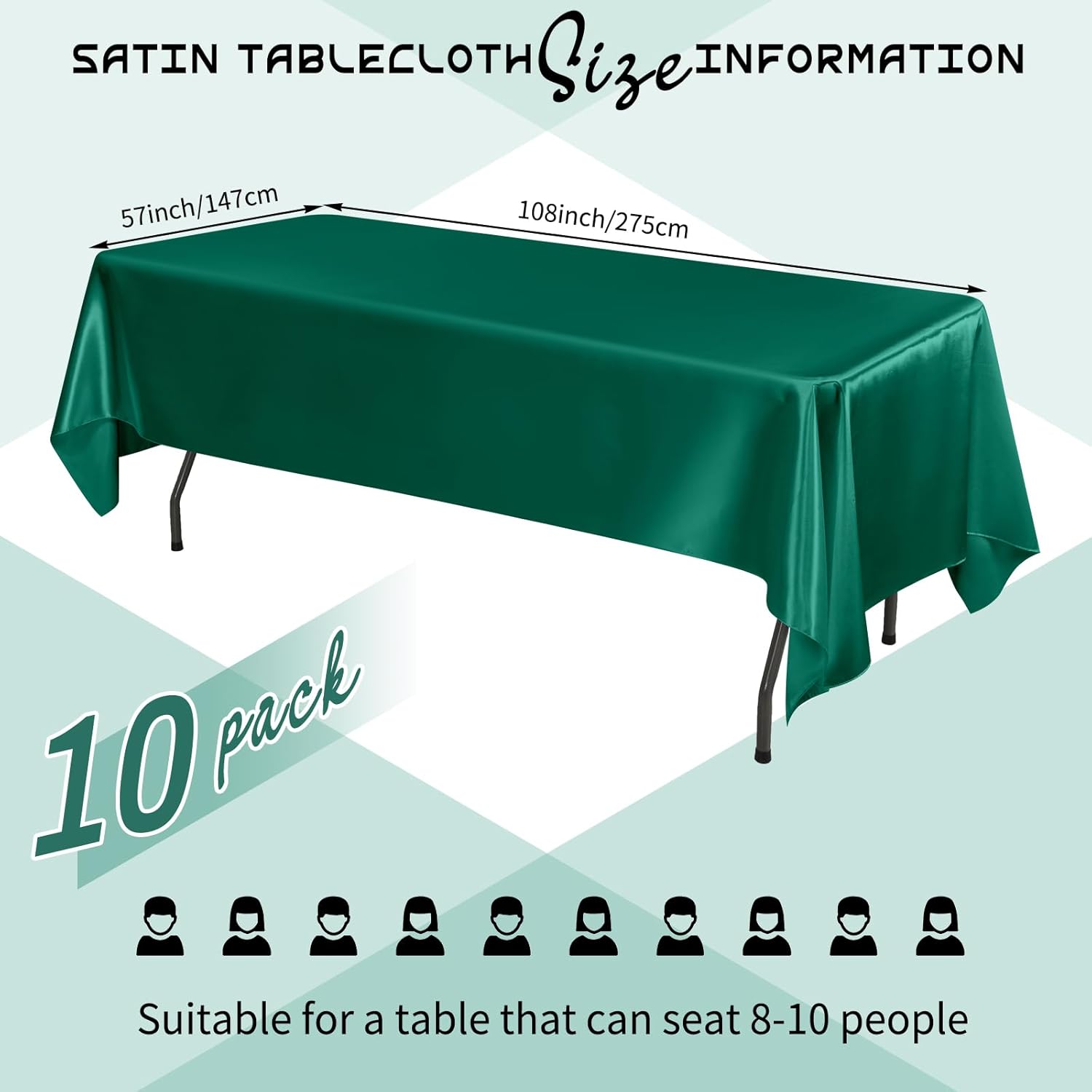 10 Pack Dark Green Satin Tablecloths 57x108 Inch