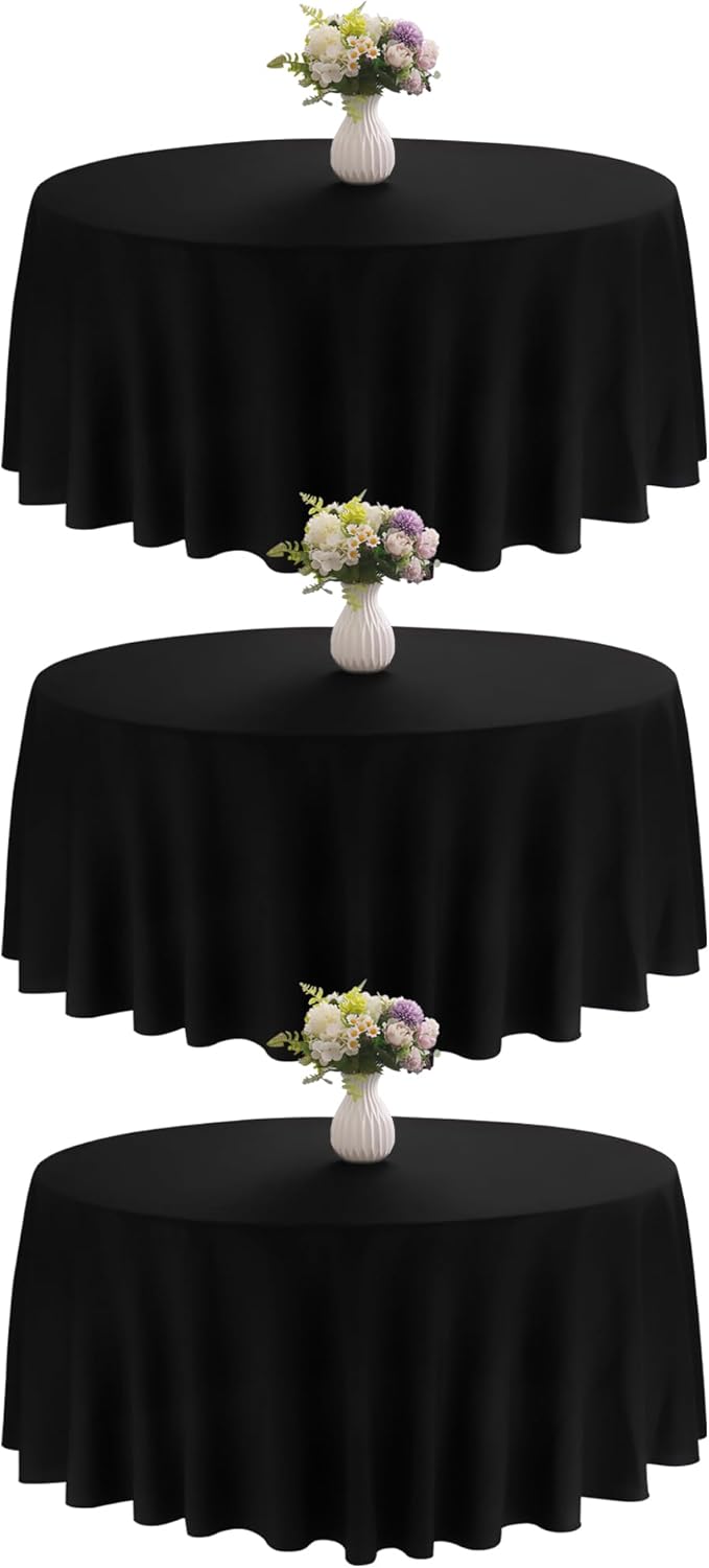 3 Pack 90 Inch Round Black Polyester Tablecloths for Events