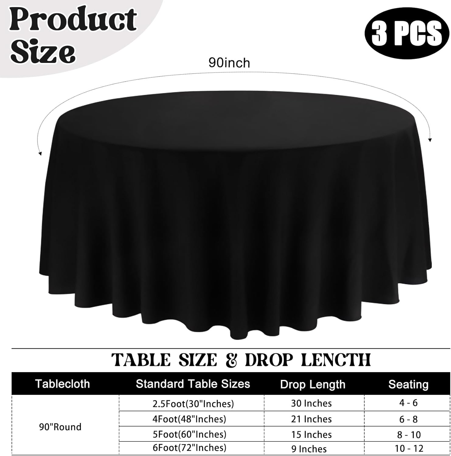 3 Pack 90 Inch Round Black Polyester Tablecloths for Events
