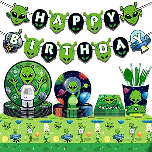 3 Pcs Alien UFO Party Tablecloths Green Disposable Plastic Tablecovers