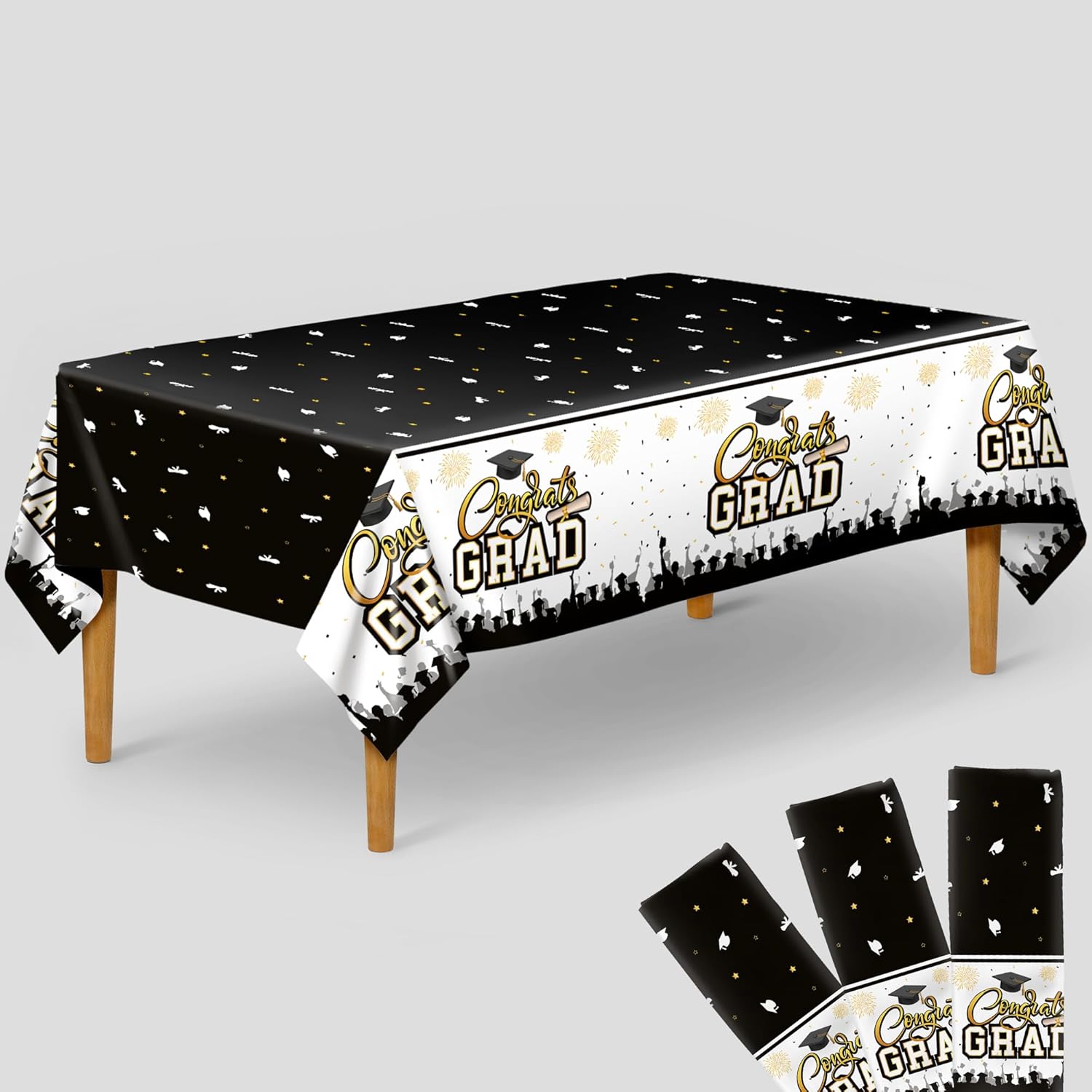 KatchOn Black and Gold Graduation Tablecloth 108x54 Inch Pack of 3