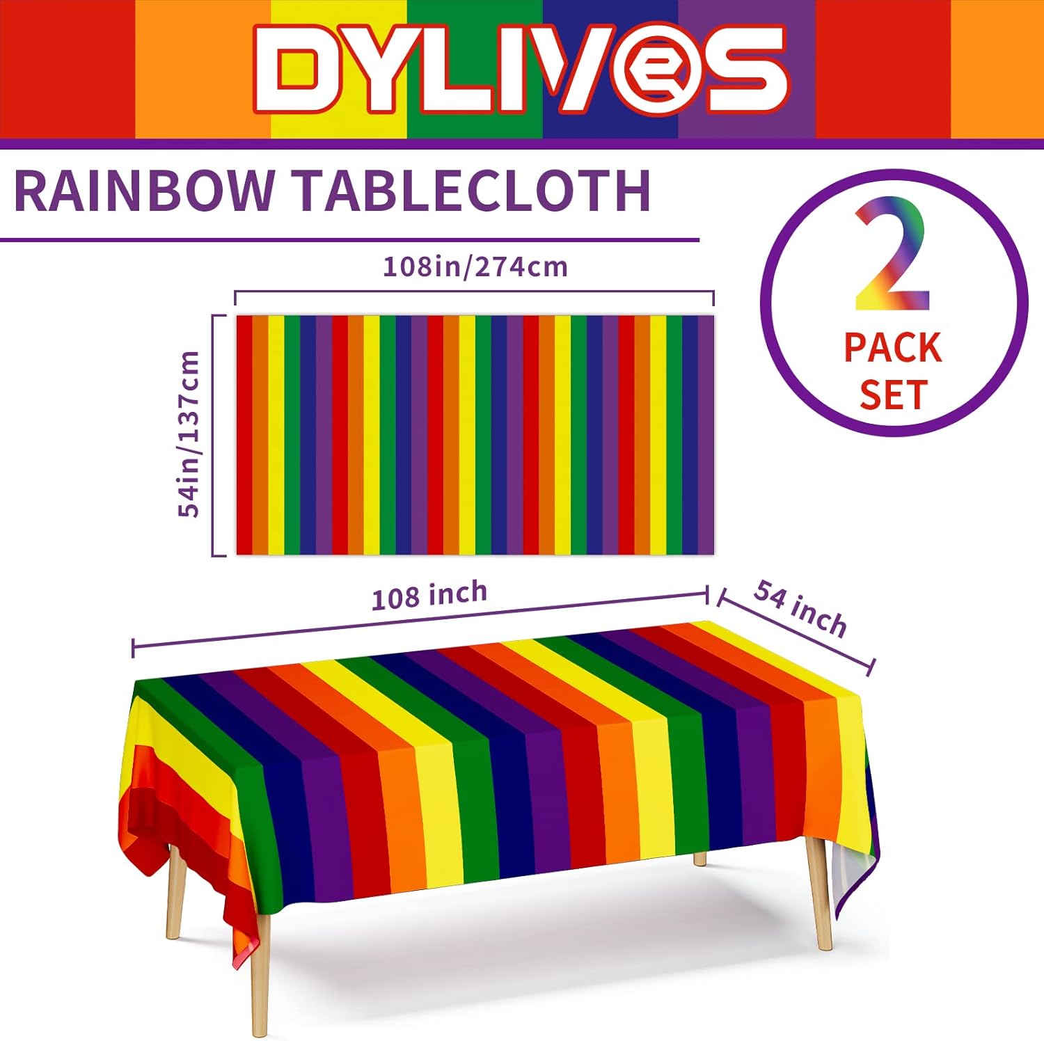 DYLIVeS Rainbow Tablecloth 54x108 Inch 2 Pcs