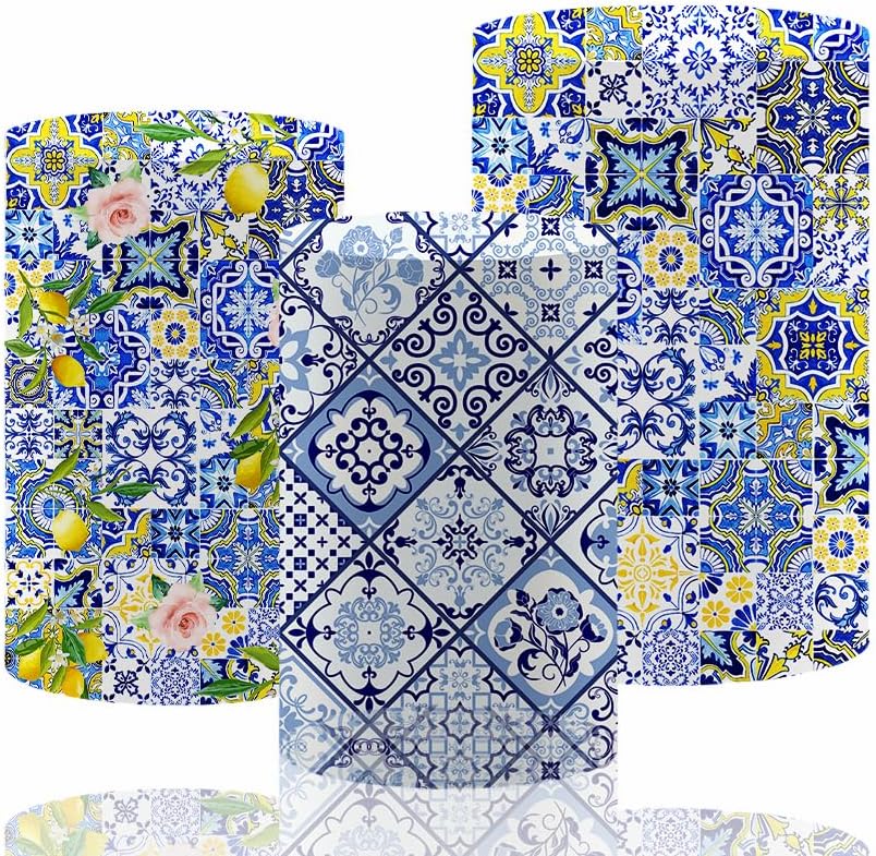 Mediterranean Tile Spandex Cylinder Cover Set Blue Yellow White