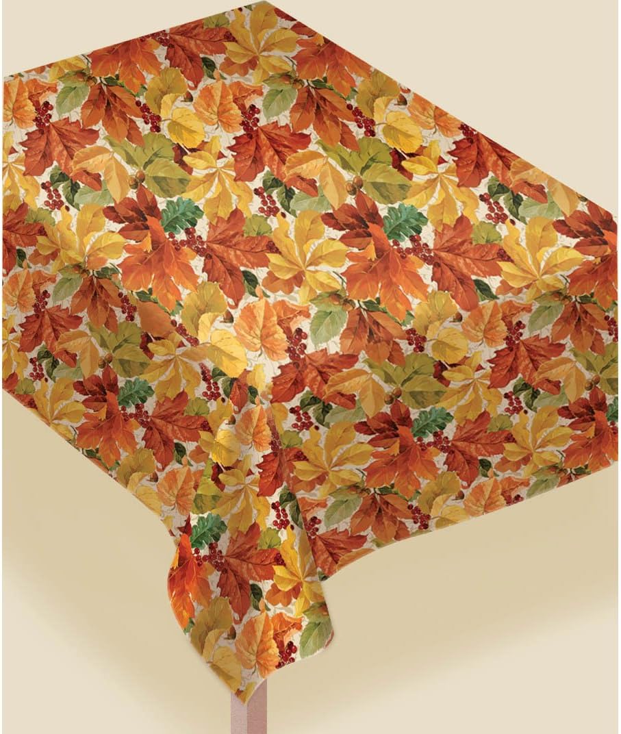 Amscan Elegant Leaves Flannel-Backed Vinyl Table Cover Brown Orange 52x90
