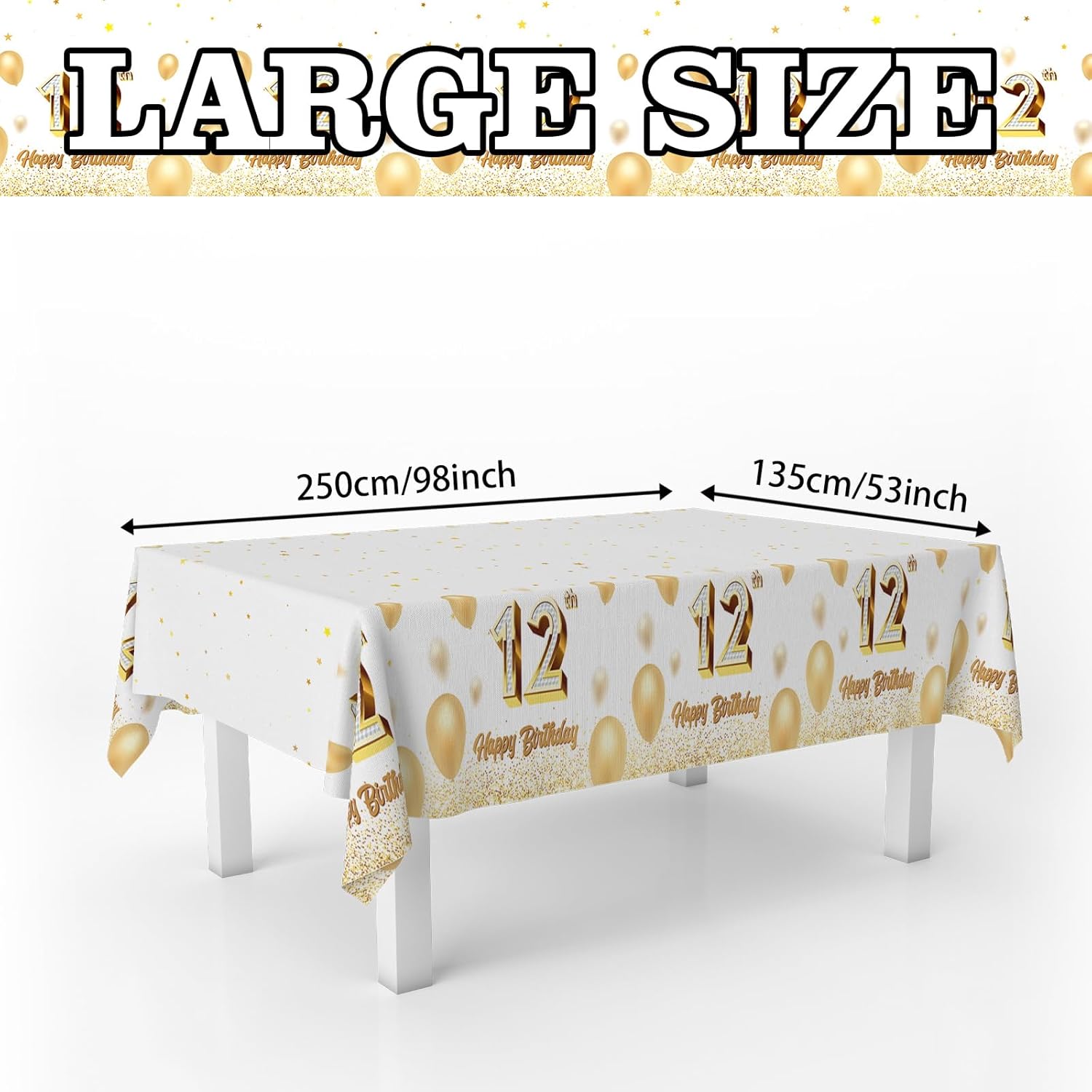 12th Birthday Tablecloth White Gold Rectangle Party Decor