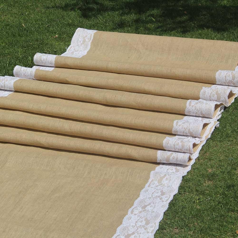 AAYU 75 ft Burlap Wedding Aisle Runner with Ivory Lace