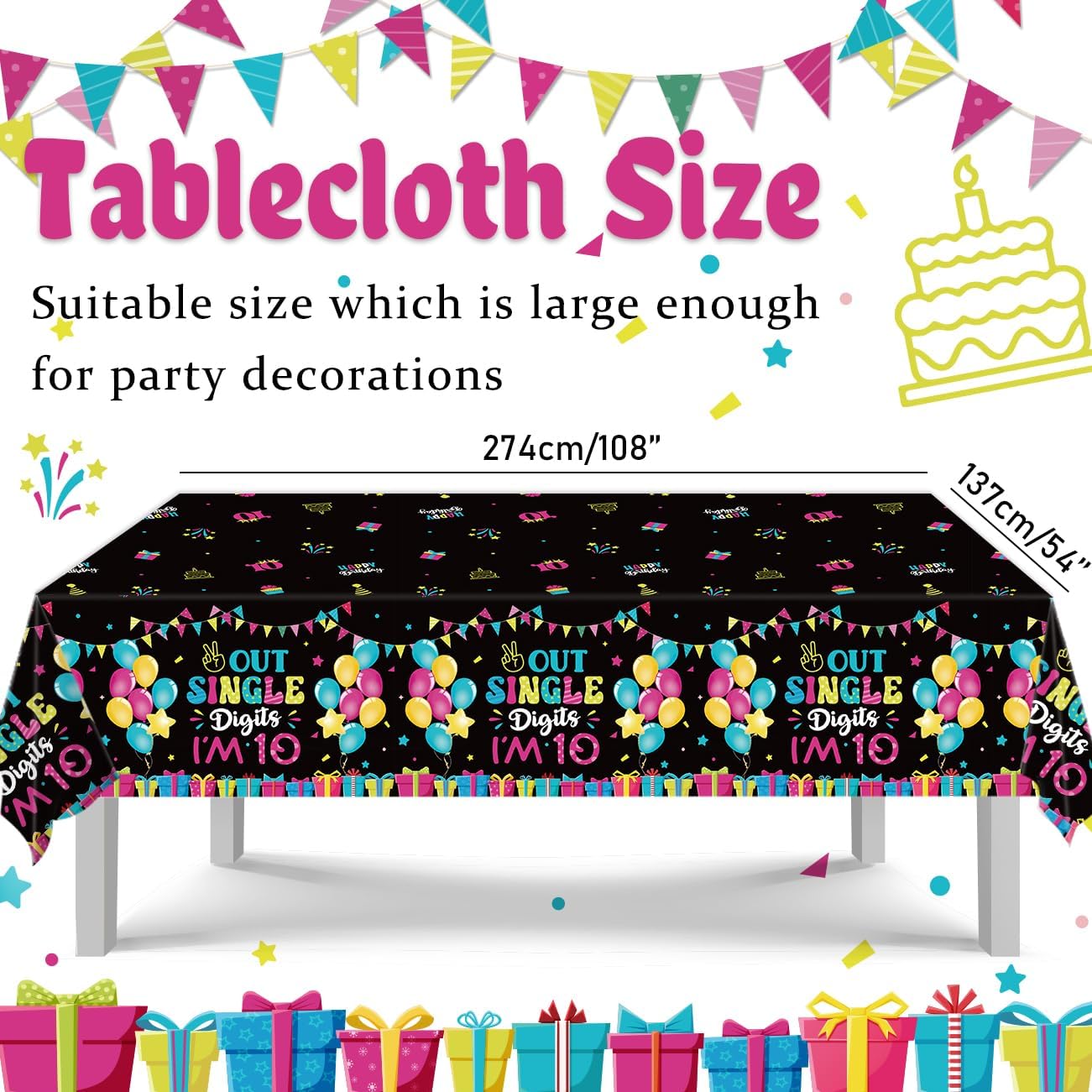 10th Birthday Tablecloths 3Pcs Plastic Large 54x108 Inch
