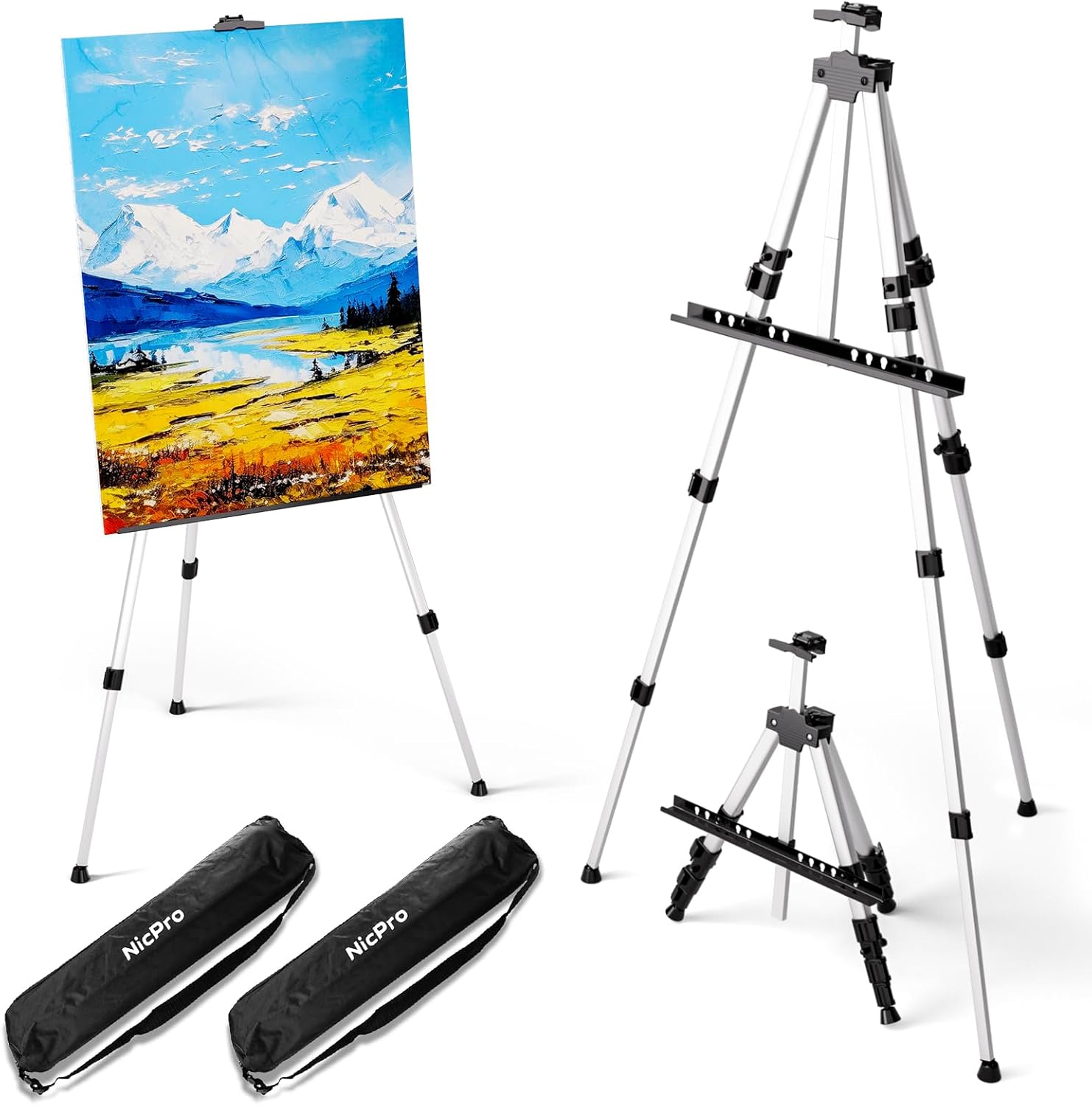 Nicpro 2 Pack Silver Adjustable Art Easel with Bag
