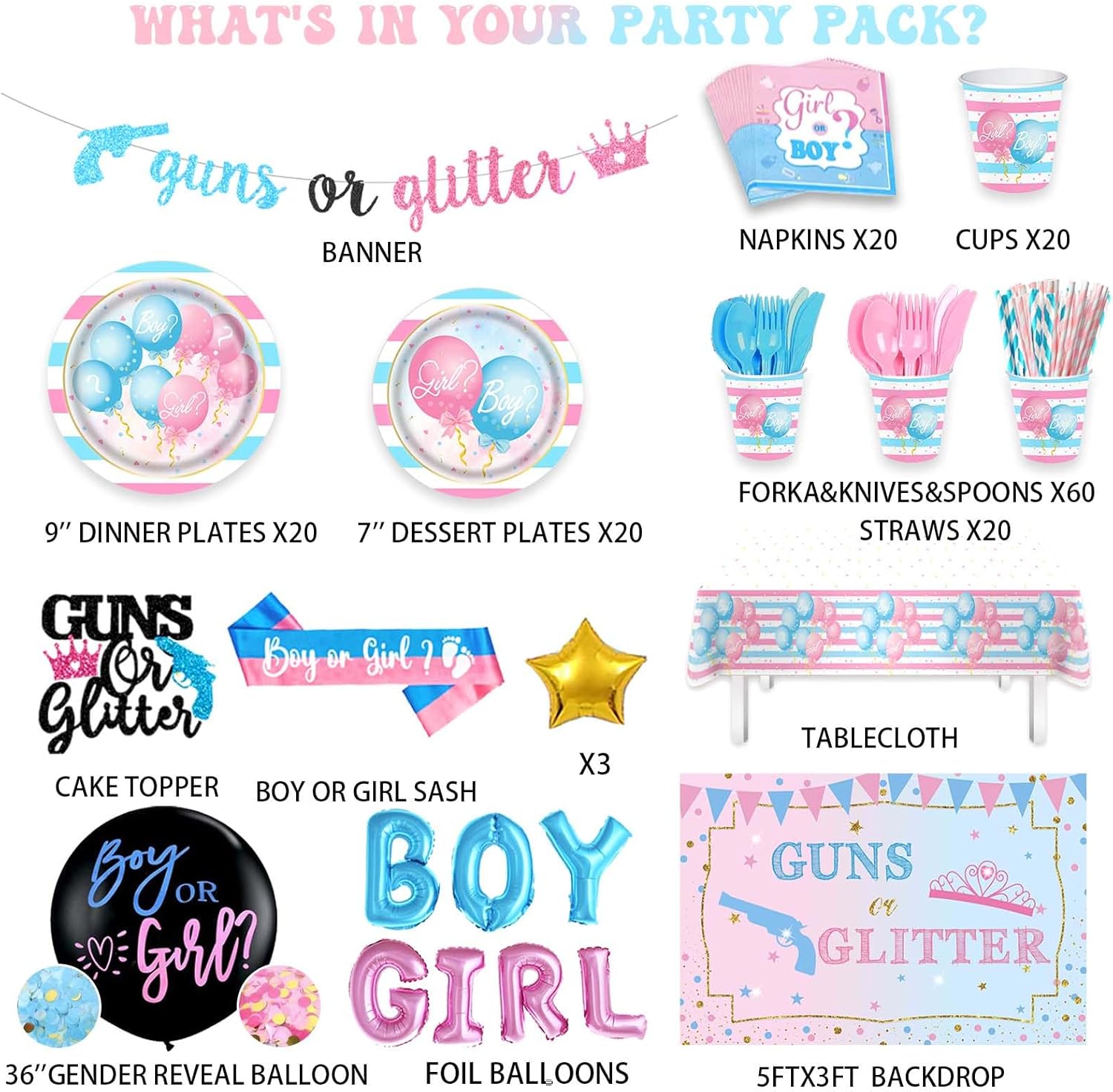 Guns Or Glitter Gender Reveal Decor Set 228 Pieces