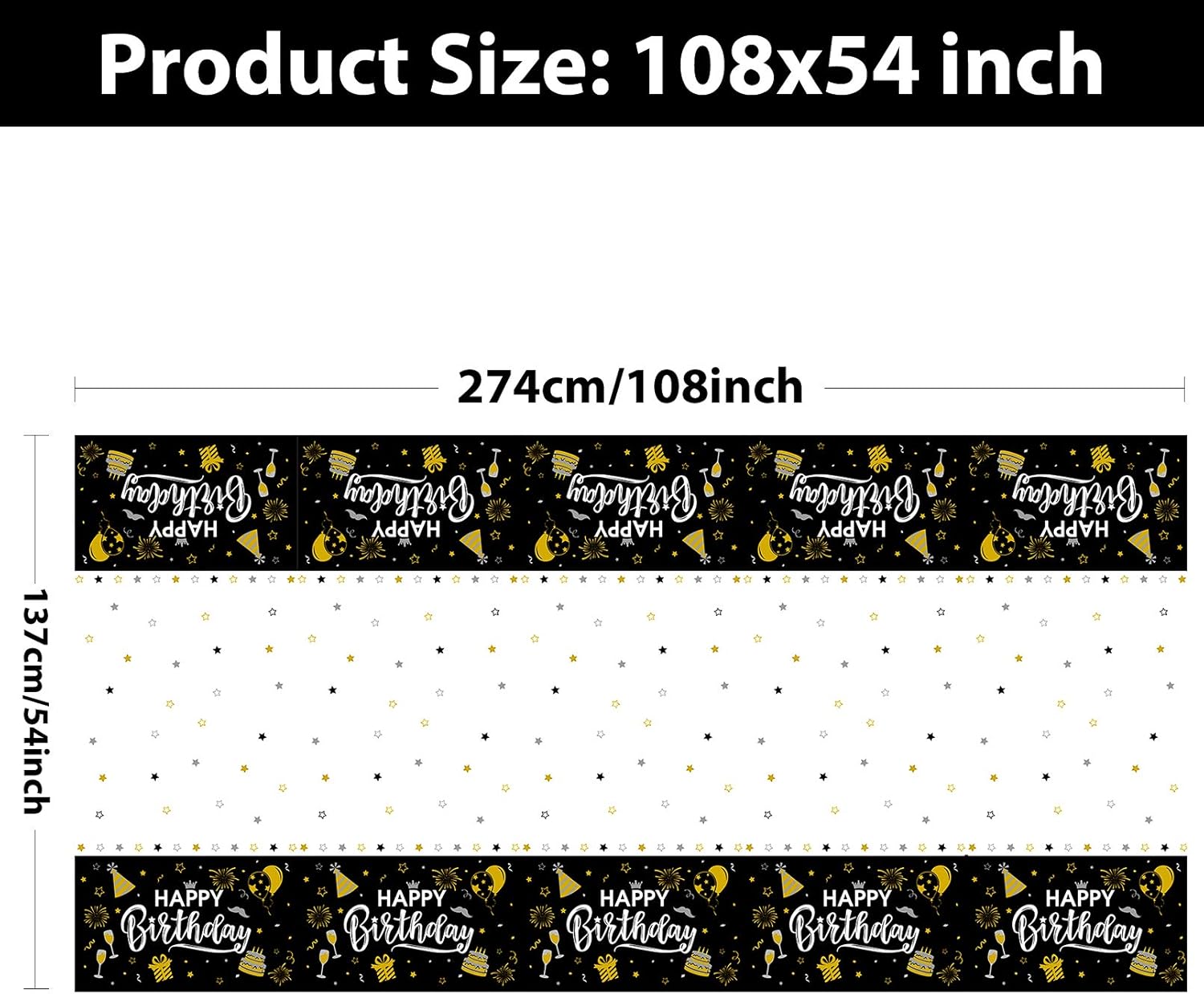 3pcs Black and Gold Birthday Tablecloth for Men Women