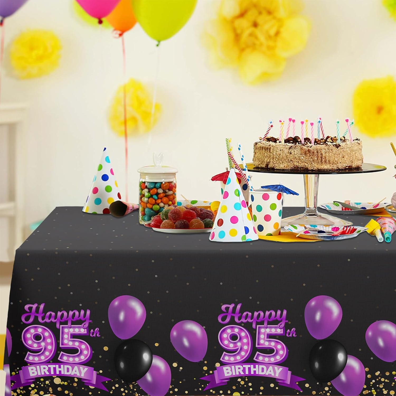95th Birthday Tablecloth Purple Black 95 Years Celebration Decor