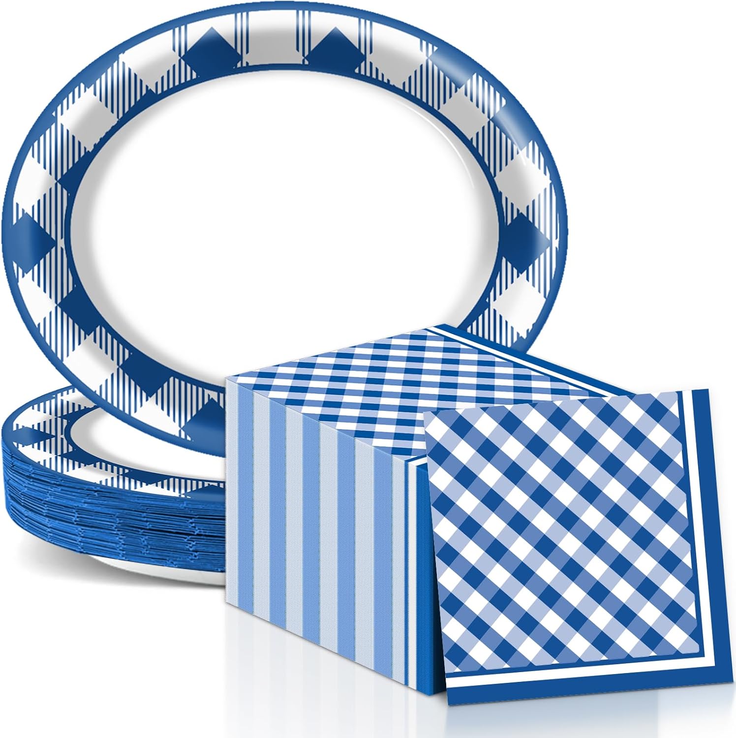 QOUBAI Gingham Oval Plates 11inch Blue White Checkered Set for 25 Guests