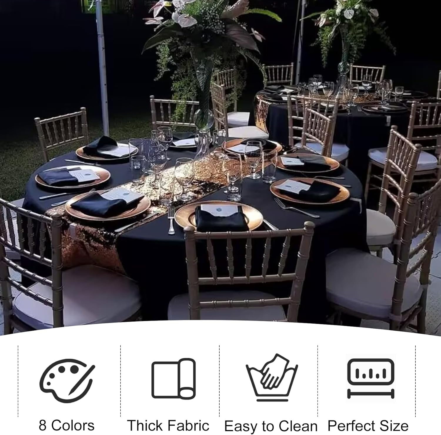 3 Pack 90 Inch Round Black Polyester Tablecloths for Events