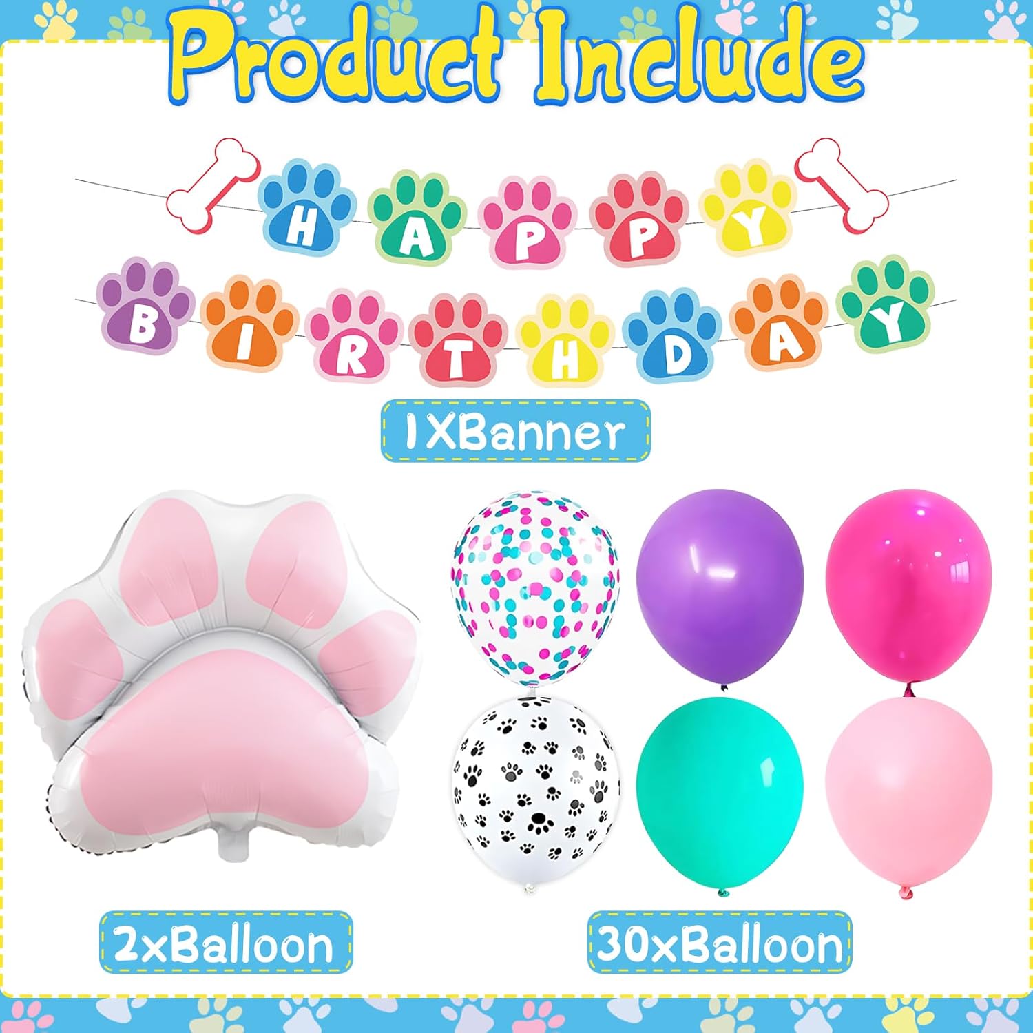 Paw Print Dog Balloons with Birthday Banner 33Pcs Set