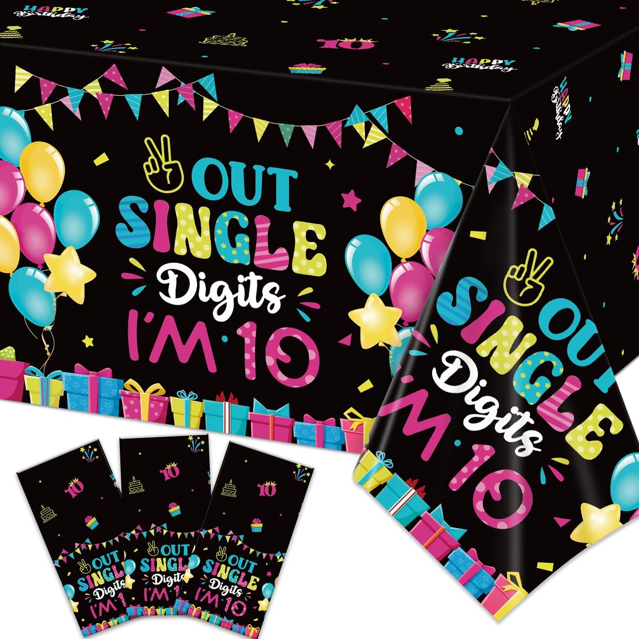 10th Birthday Tablecloths 3Pcs Plastic Large 54x108 Inch