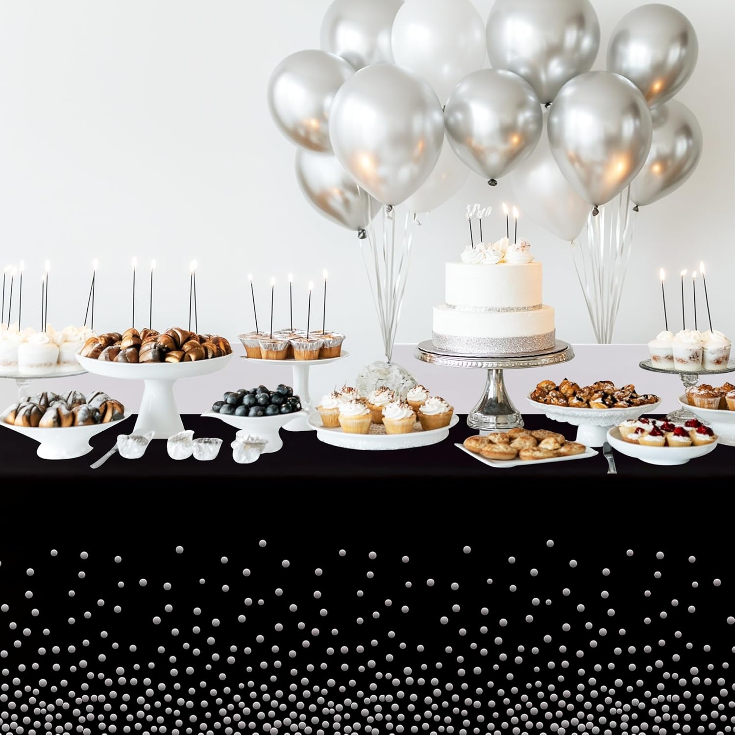 Black and Silver Party Tablecloth Decorations 3Pcs