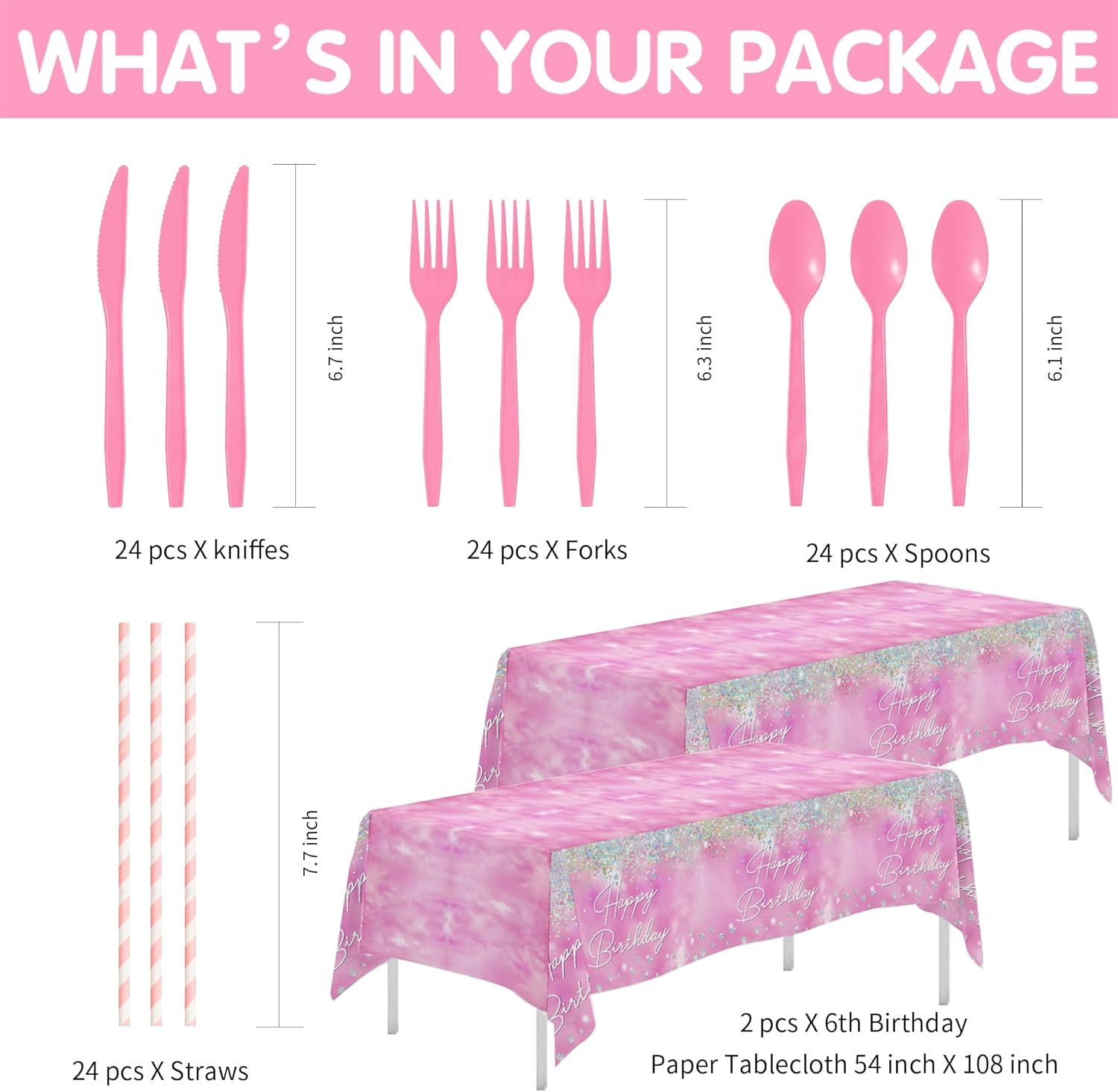 Pink Diamond 6th Birthday Party Tableware Set for 24 Guests