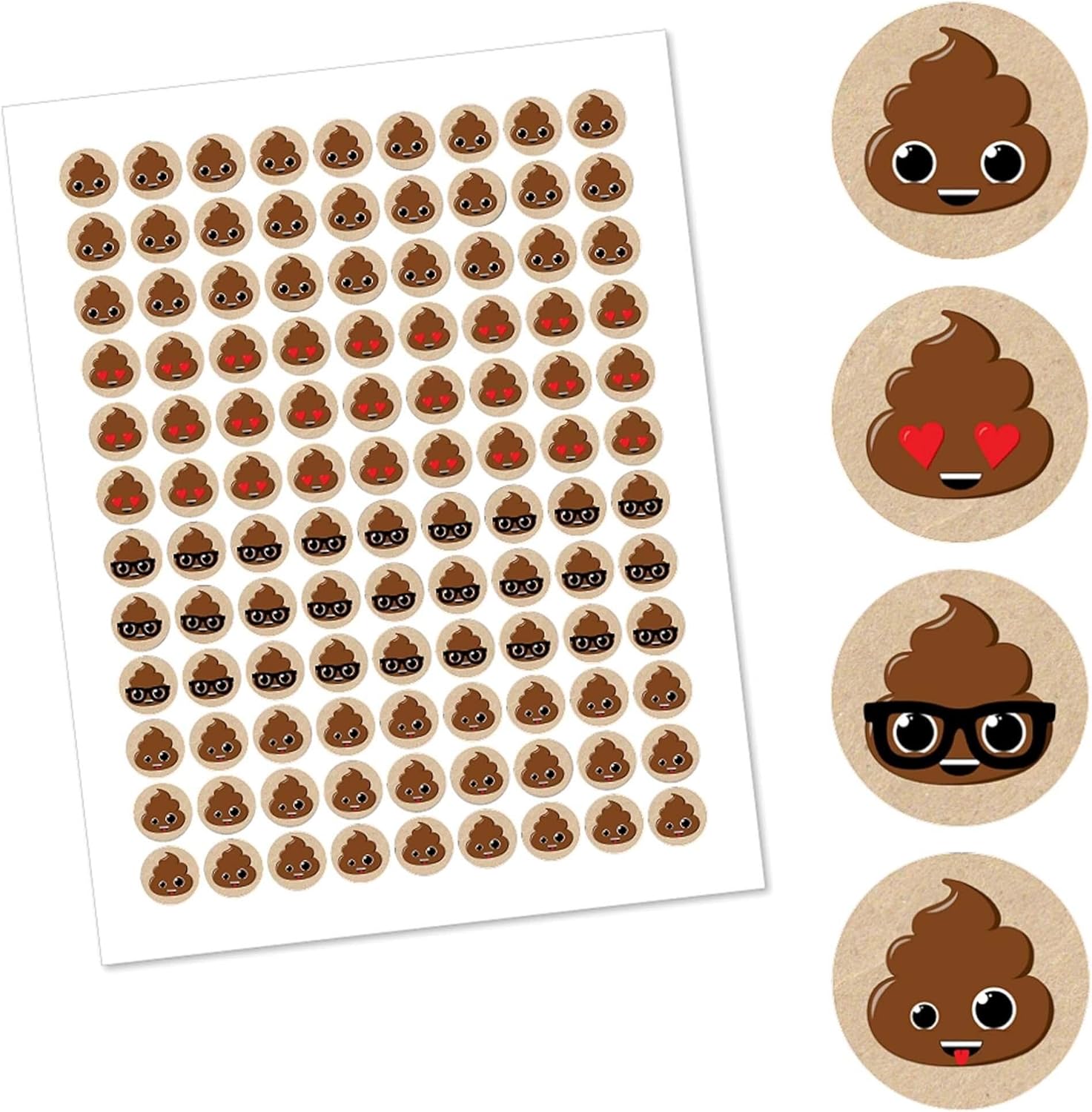 Poop Emoji Party Round Candy Sticker Favors 1 Sheet of 108