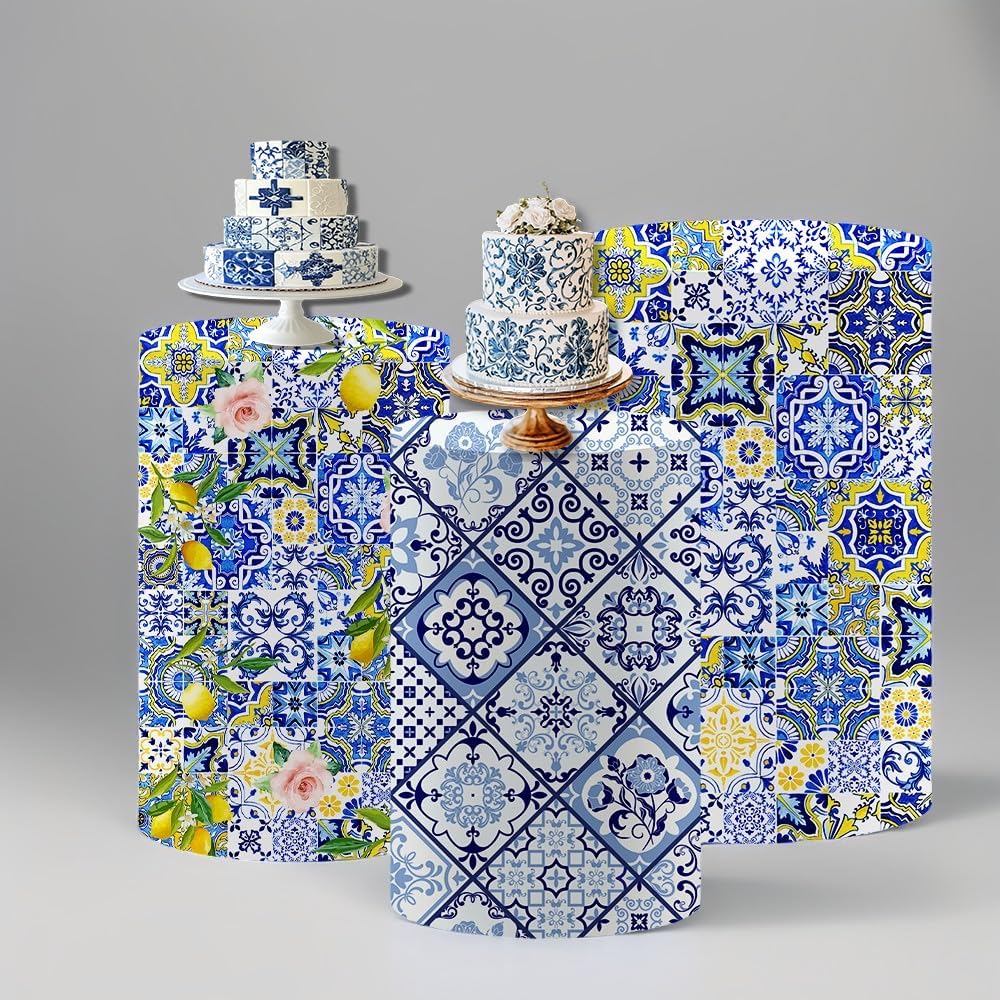 Mediterranean Tile Spandex Cylinder Cover Set Blue Yellow White