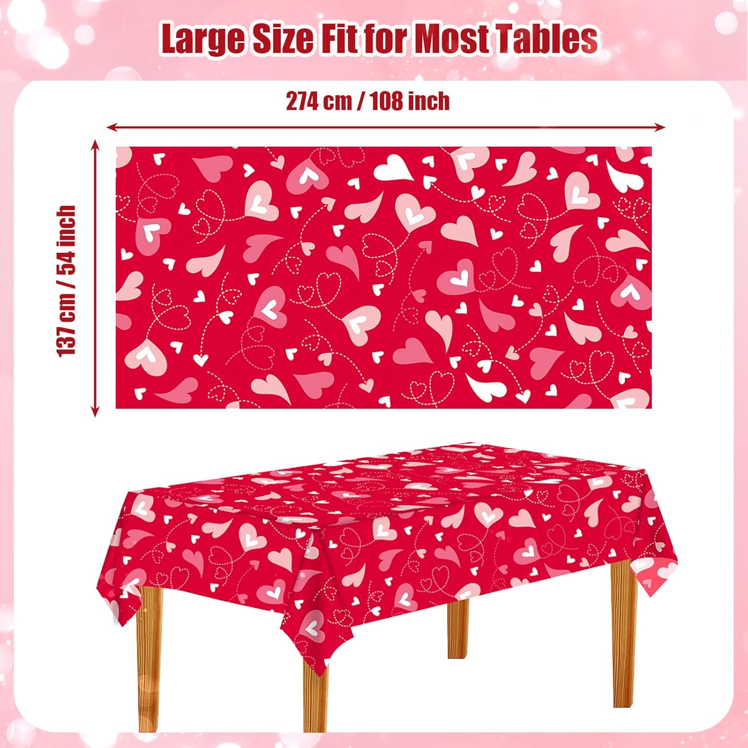 VARACL 3 Pack Valentine Day Tablecloth 108x54 Red Heart Vinyl