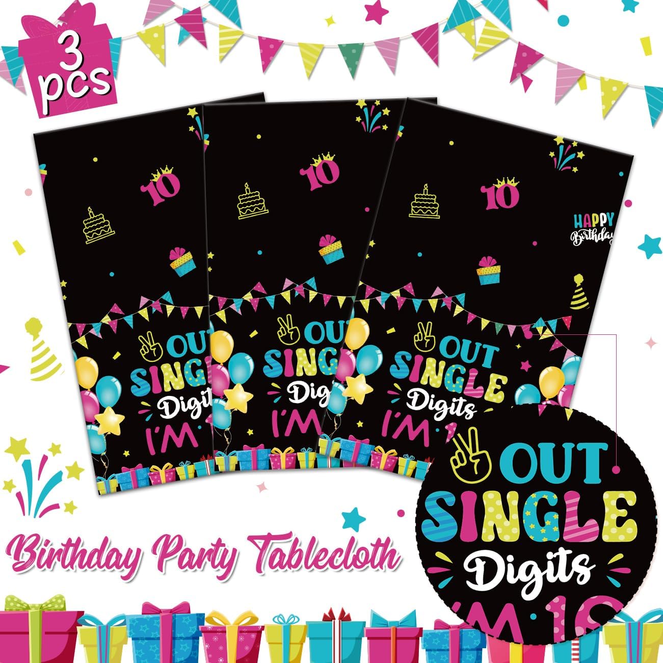 10th Birthday Tablecloths 3Pcs Plastic Large 54x108 Inch
