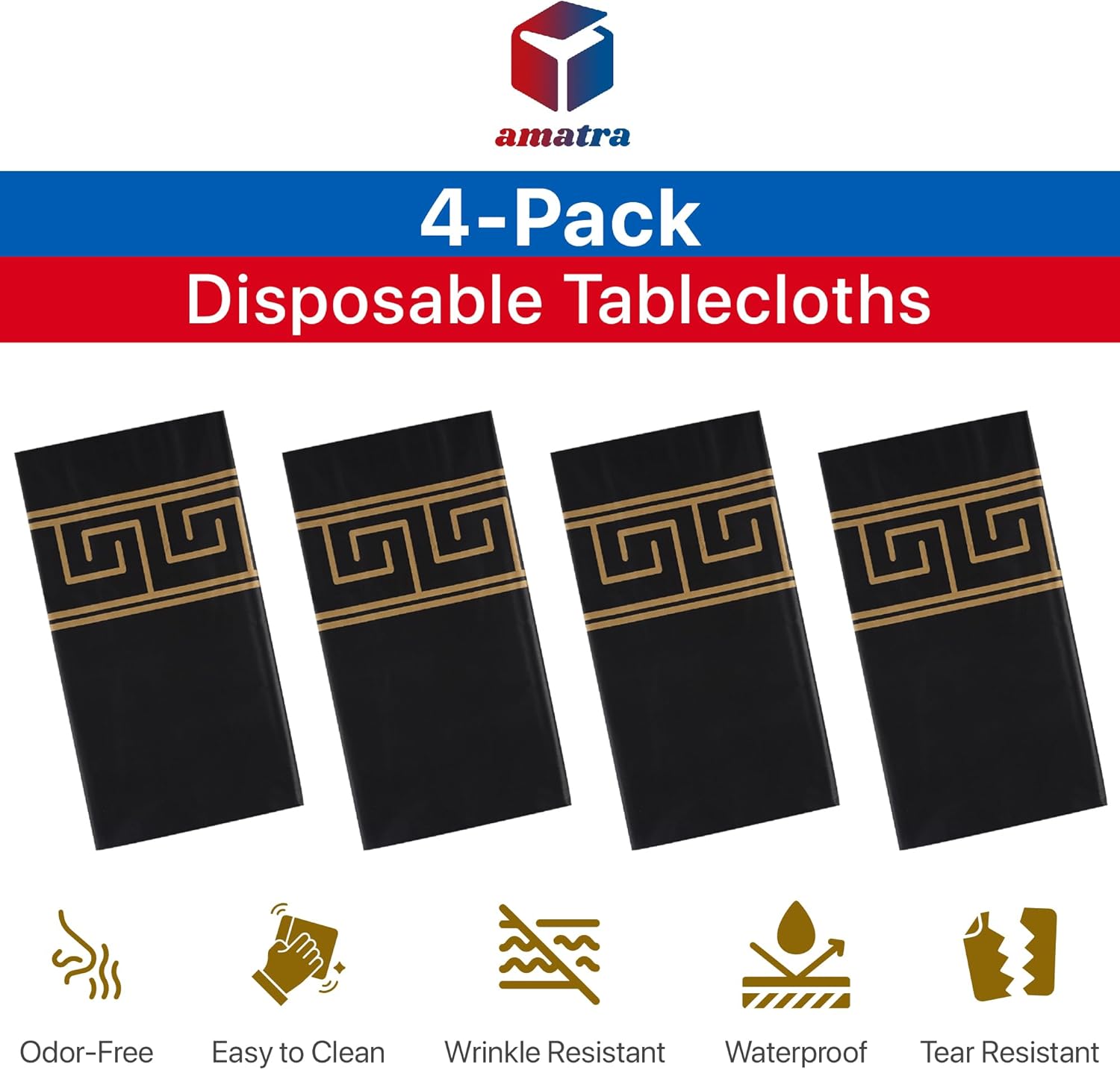 4-Pack Premium Disposable Tablecloths 54x108 Black Gold Margin