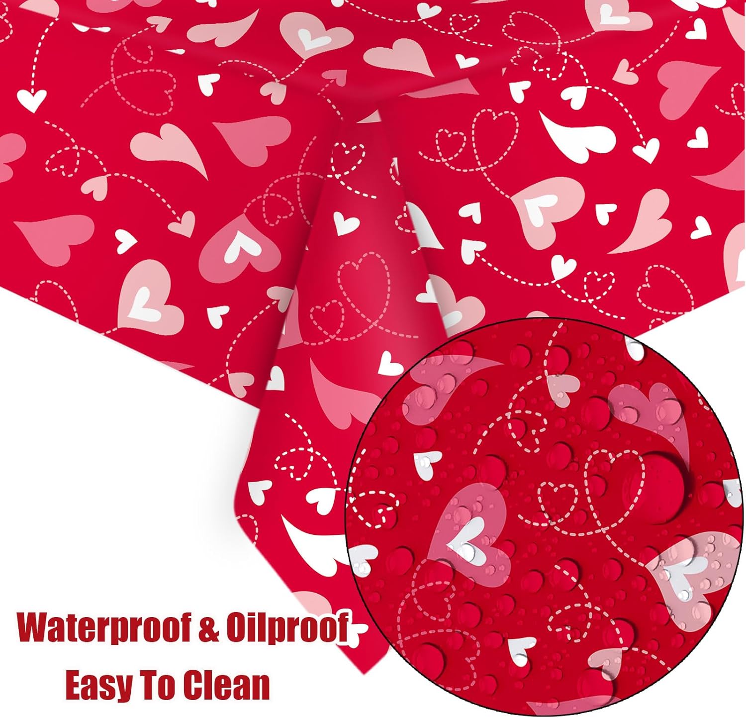 VARACL 3 Pack Valentine Day Tablecloth 108x54 Red Heart Vinyl