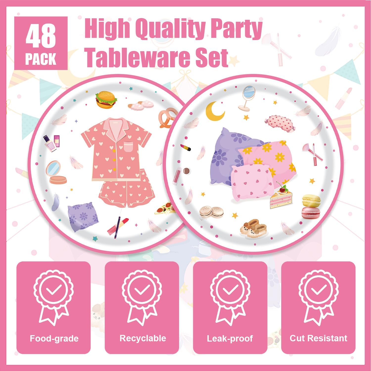 48Pcs Sleepover Party Tableware for 24 Guests
