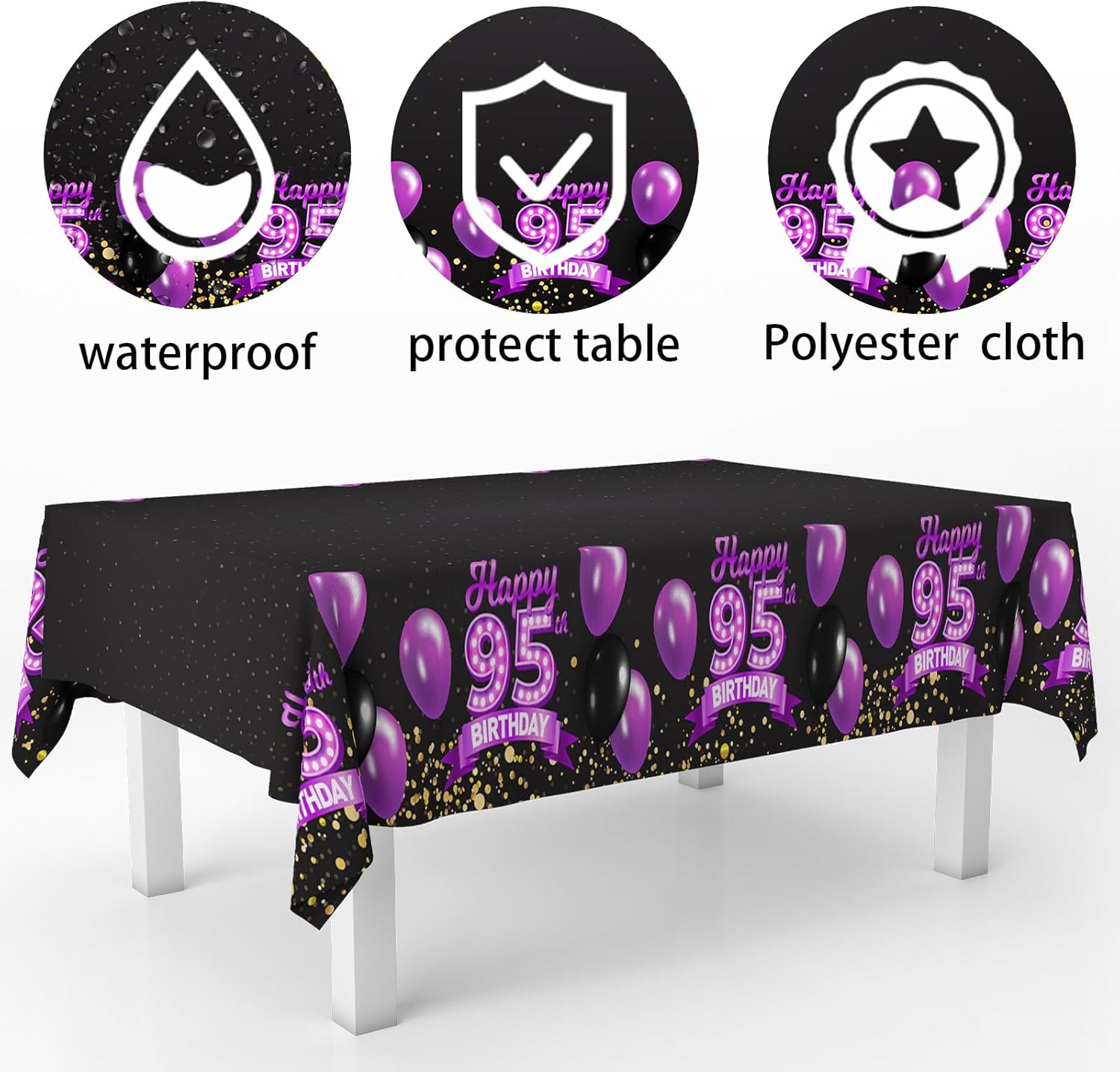 95th Birthday Tablecloth Purple Black 95 Years Celebration Decor