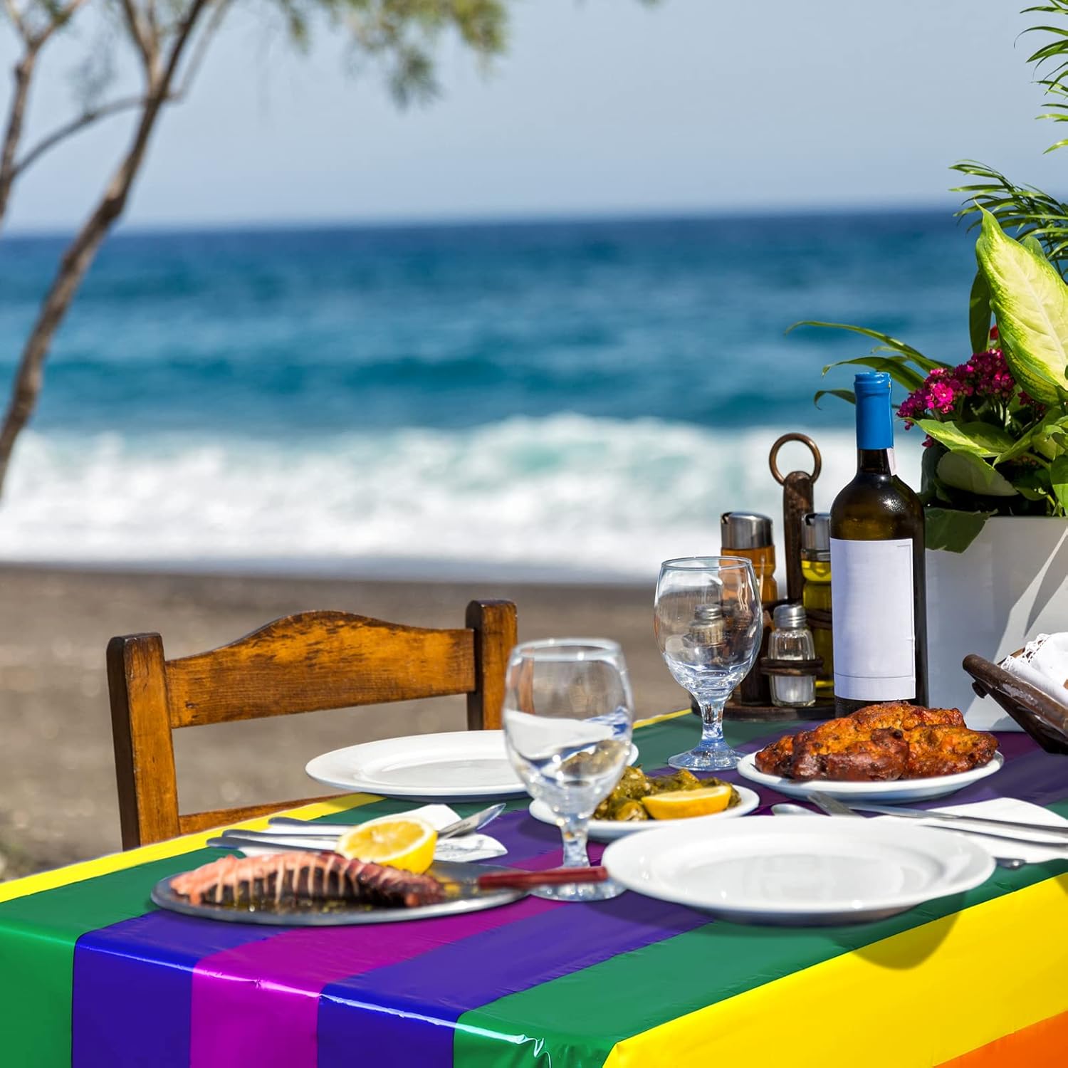 Fovths 2 Pack Rainbow Stripe Plastic Tablecloth for Rectangular Tables