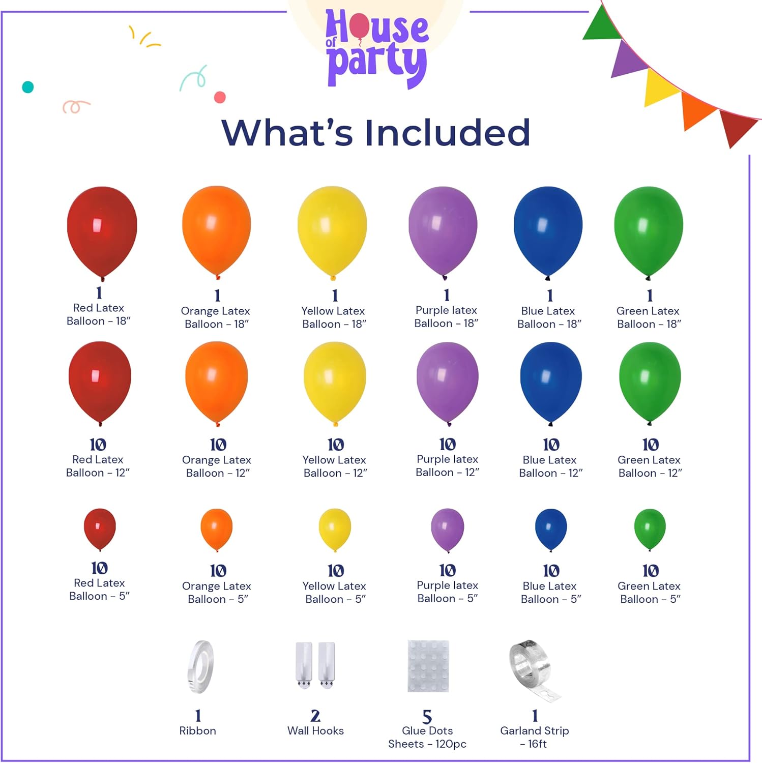 HOUSE OF PARTY Rainbow Balloon Arch Kit 135 Pcs Felt Banner