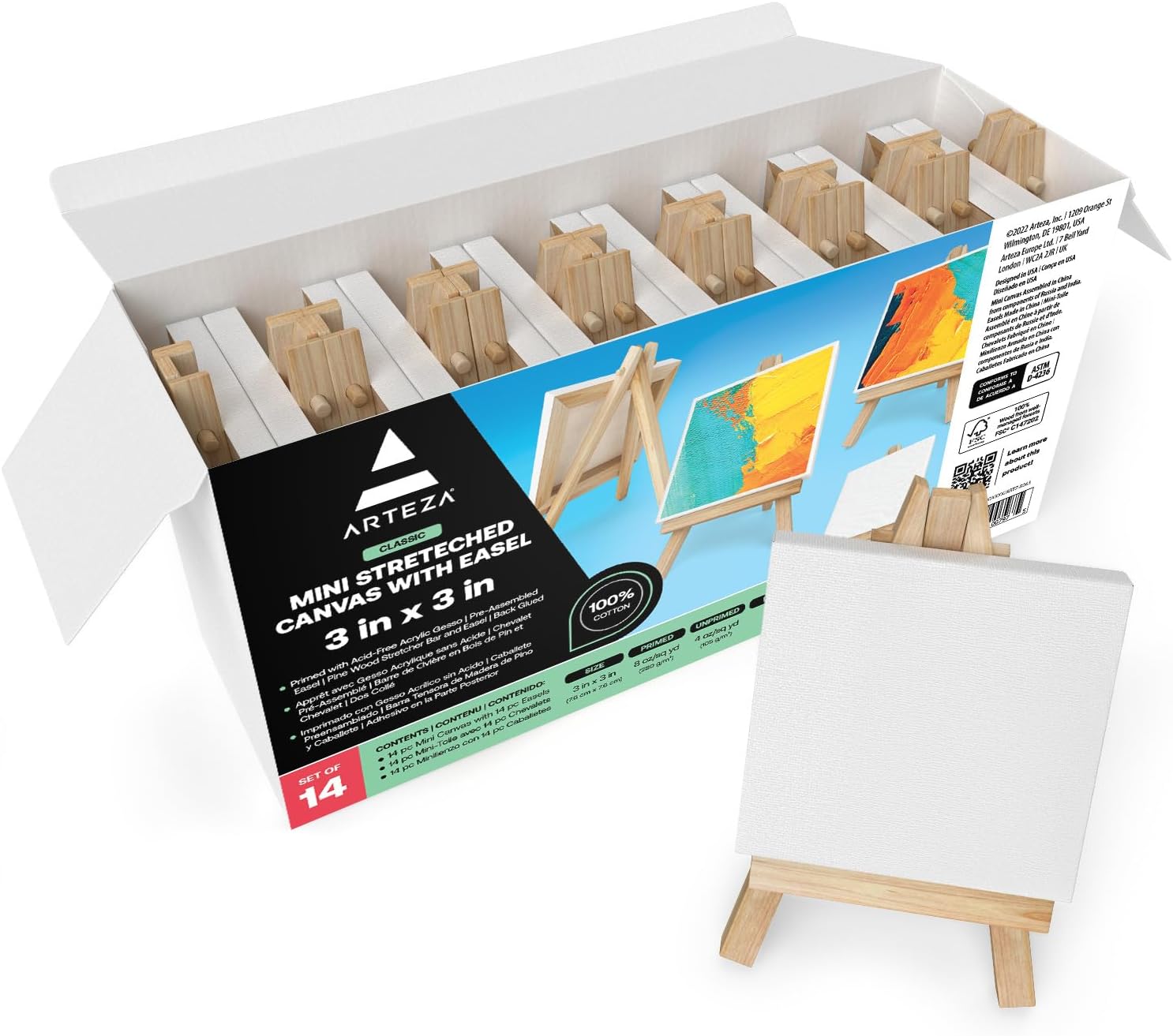 ARTEZA 14-Pack Mini Stretched Canvases for Painting 3x3 Inches with Easels