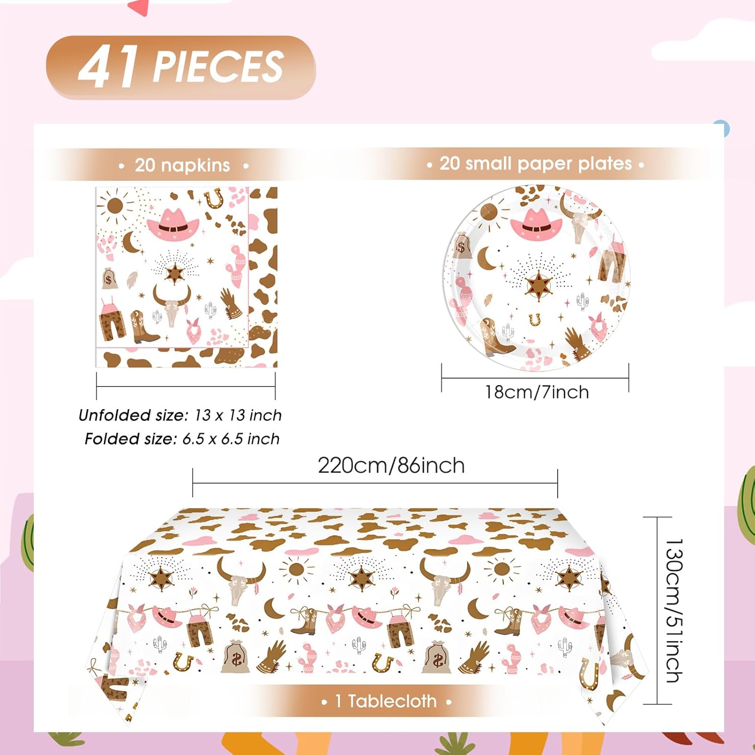 41Pcs Cowgirl Birthday Party Decorations Pink Set