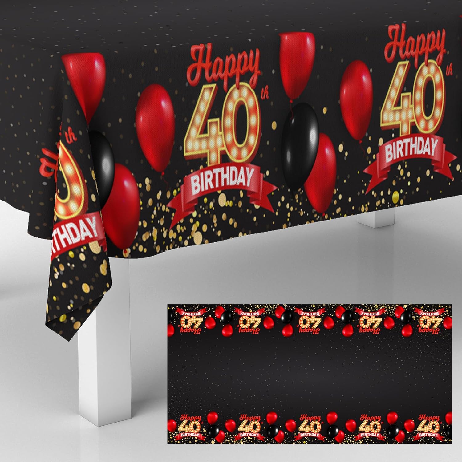 40th Birthday Tablecloth Black Red Rectangle Decor for Parties