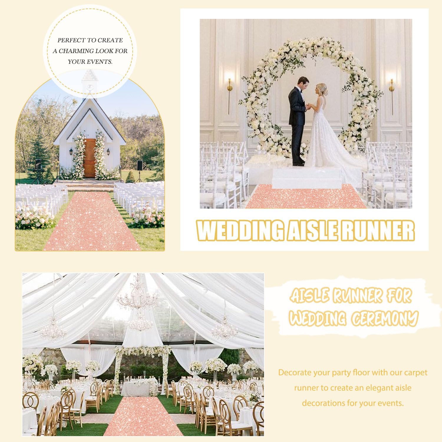 FUHSY Rose Gold Wedding Aisle Runner 4FT x 15FT Glitter Carpet Runner Rug