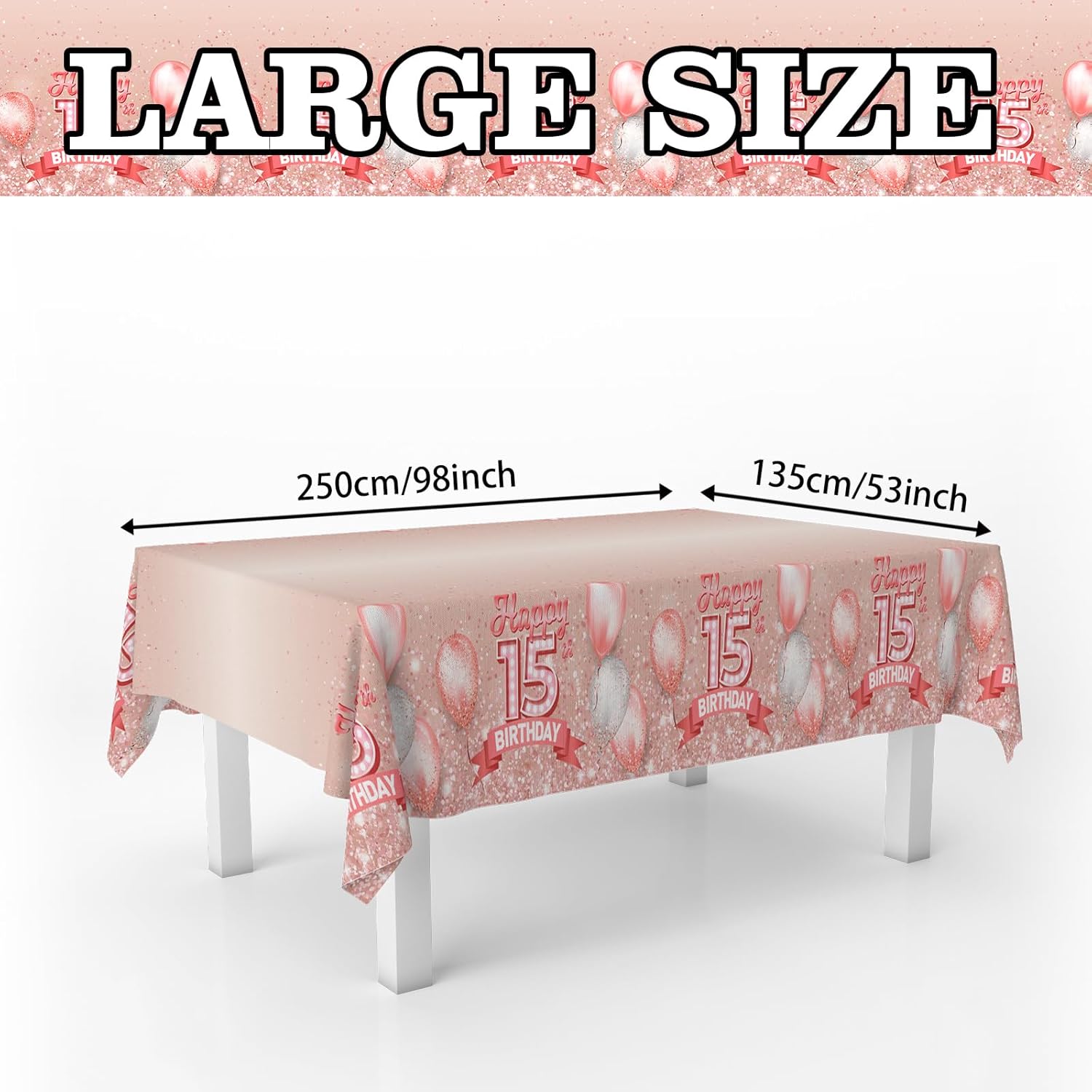 15th Birthday Glitter Tablecloth for Indoor Outdoor Events