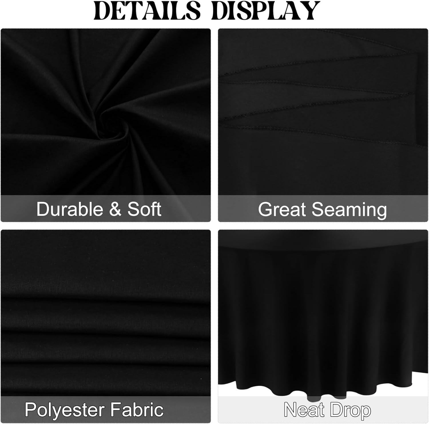 3 Pack 90 Inch Round Black Polyester Tablecloths for Events