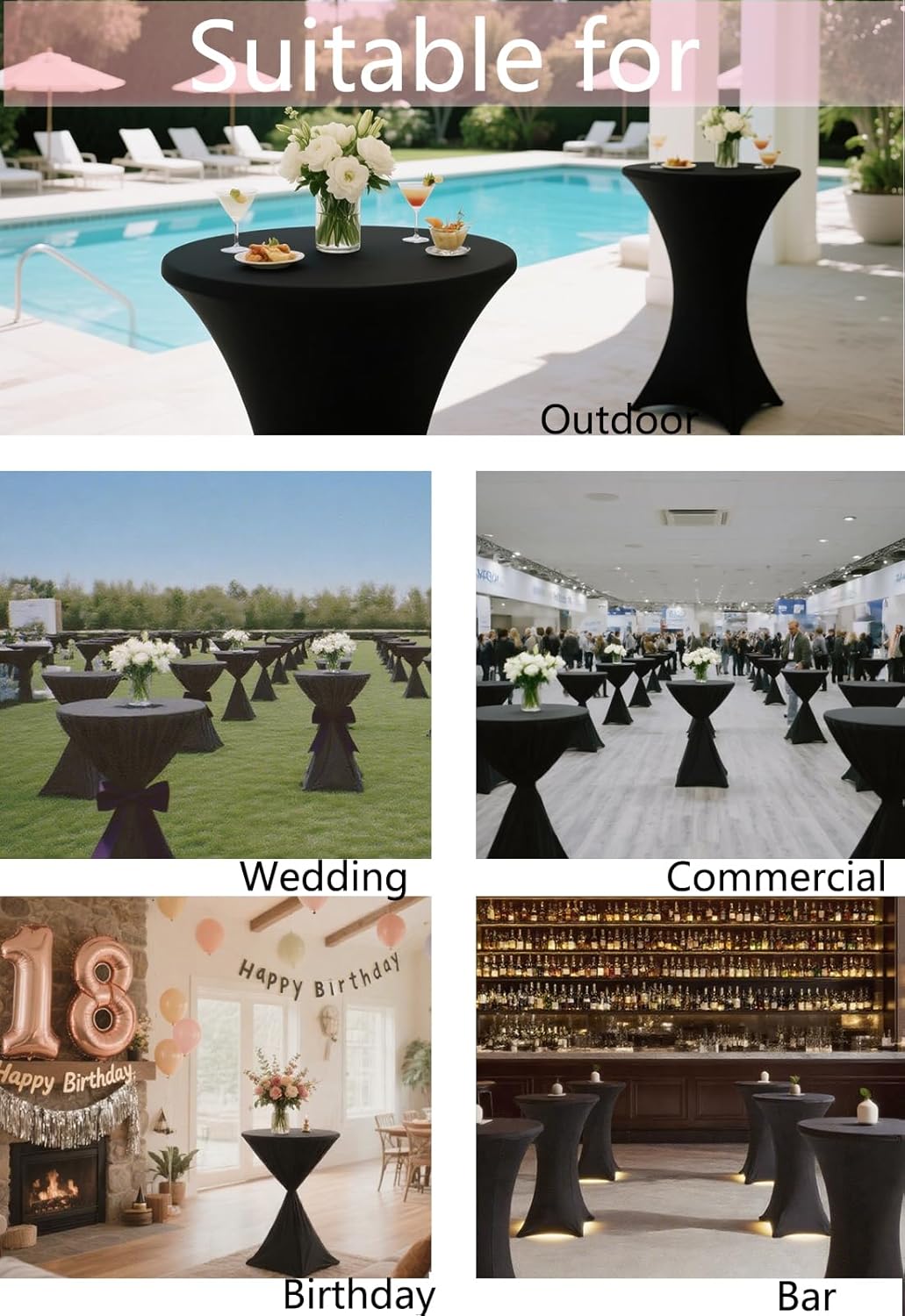 4 Pack 36x43 Inch Black Spandex Cocktail Table Covers