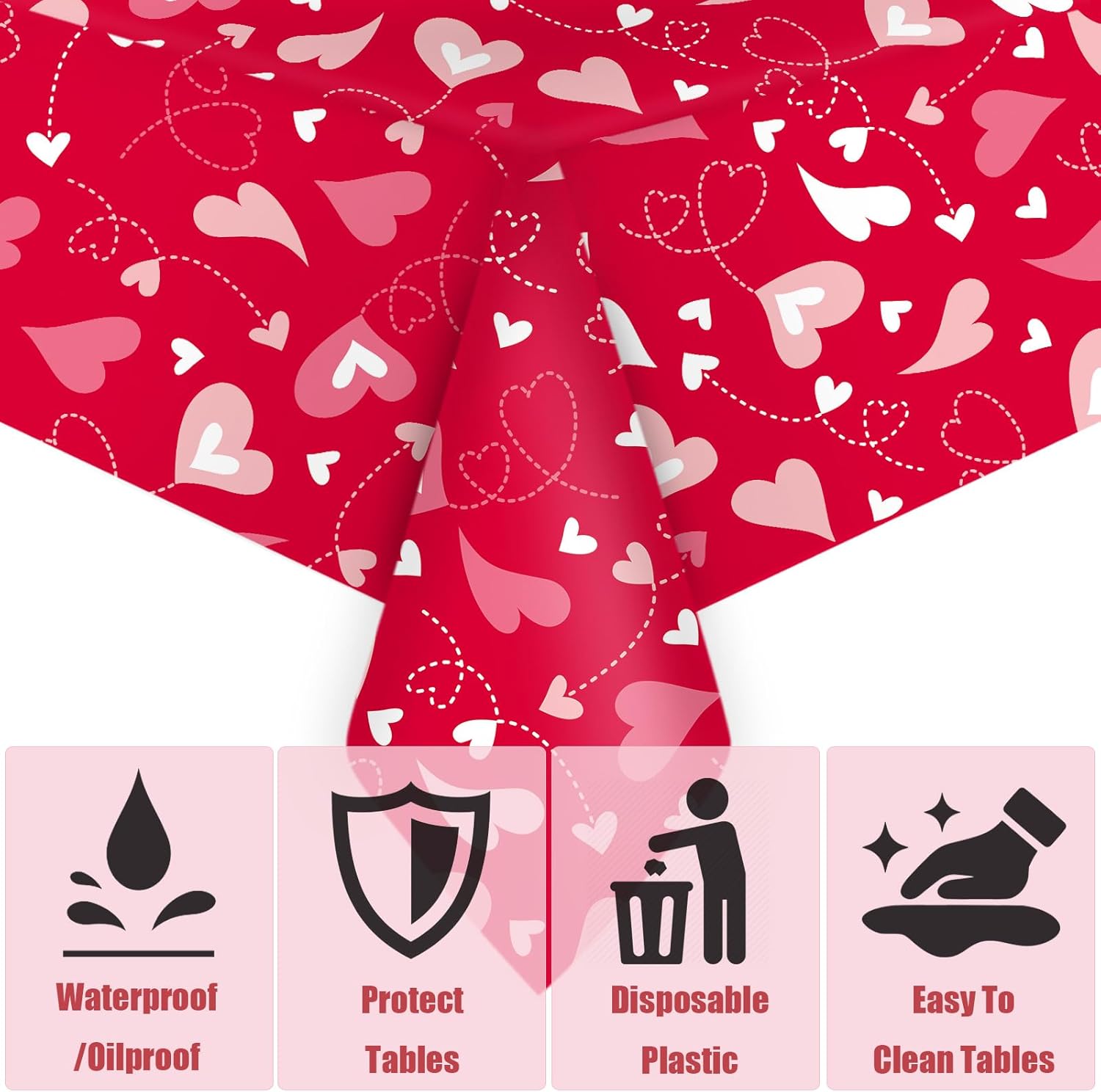 VARACL 3 Pack Valentine Day Tablecloth 108x54 Red Heart Vinyl