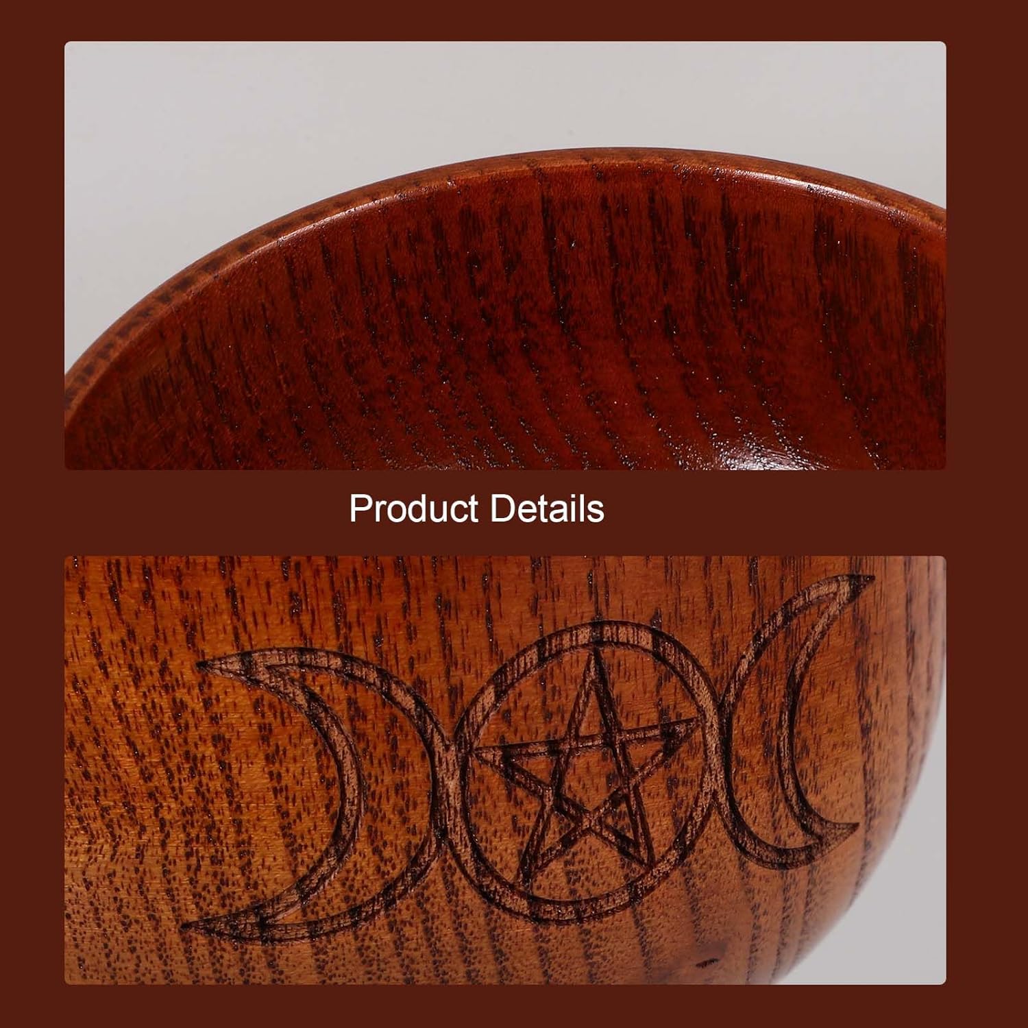 LOGOFUN 2PCS Wooden Ritual Bowls with Moon and Pentacle Design
