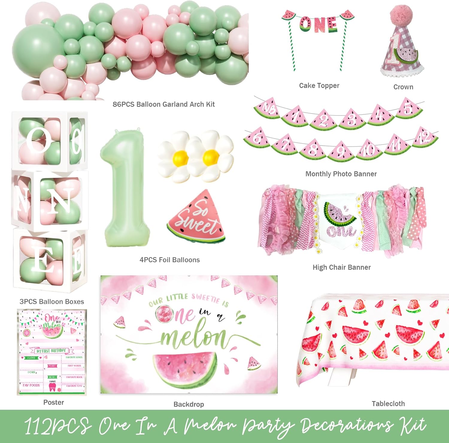 One in a Melon Birthday Party Decor Kit - 112 Pieces