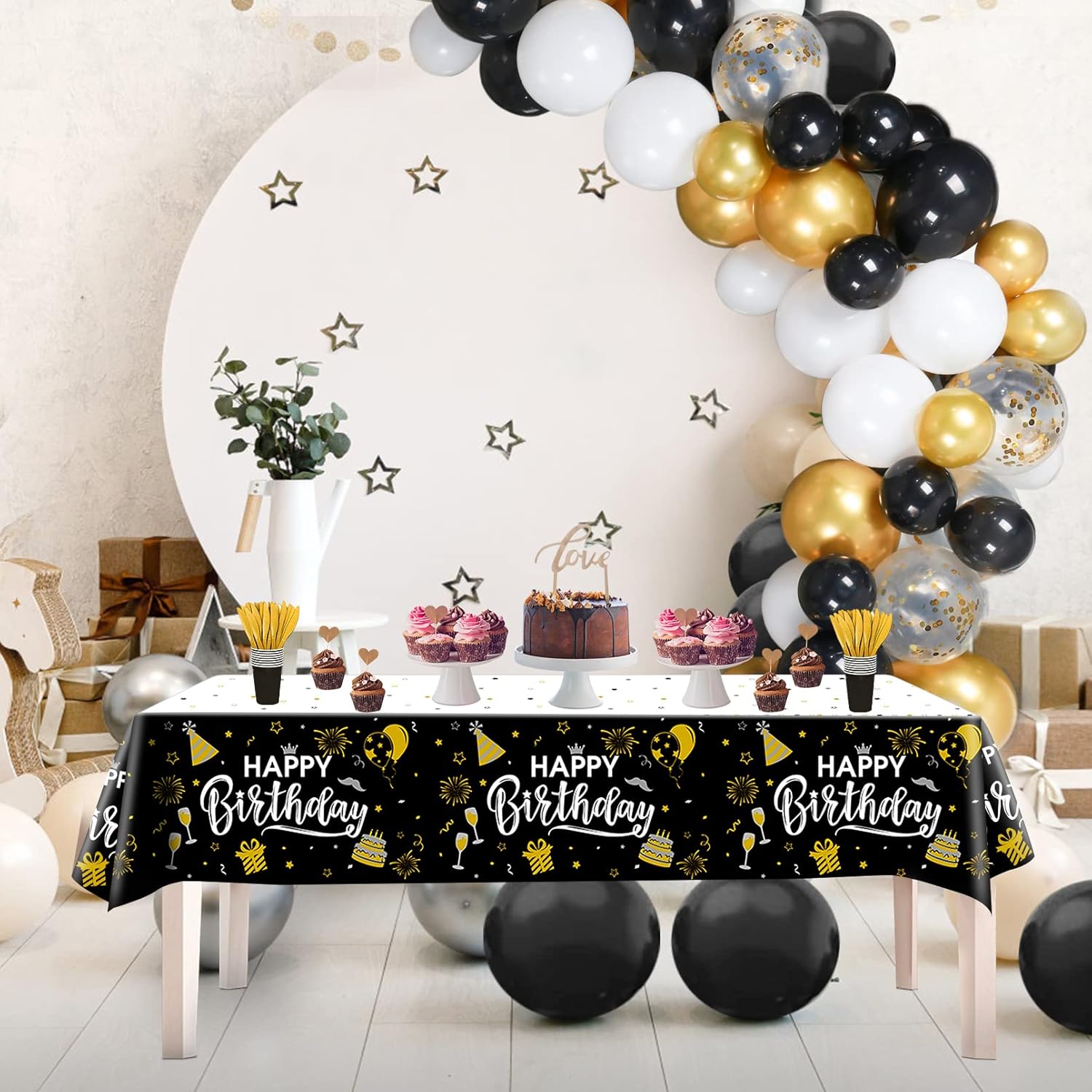 3pcs Black and Gold Birthday Tablecloth for Men Women