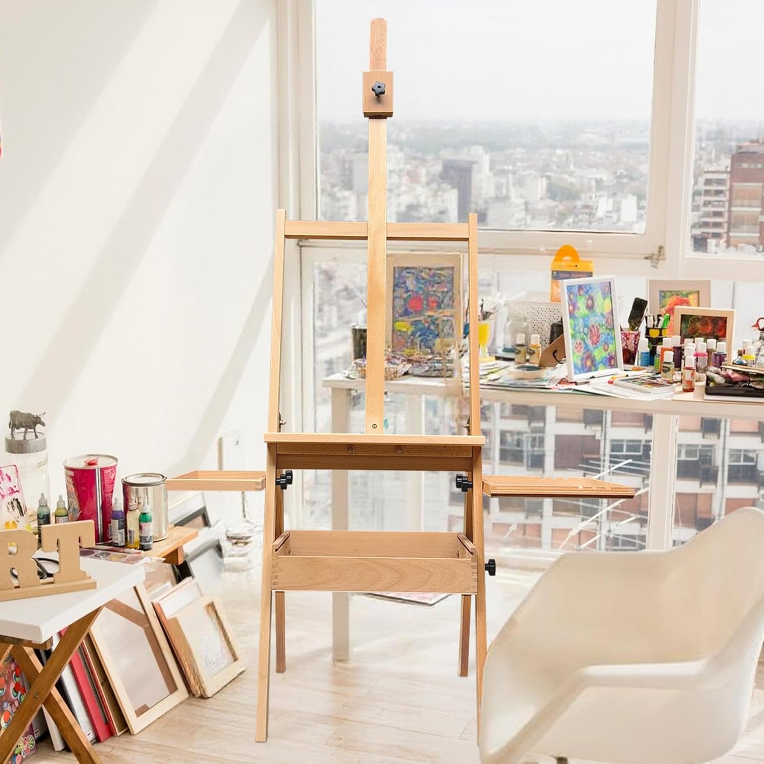 Solid Wood Easel with Storage Drawer and 2 Palettes