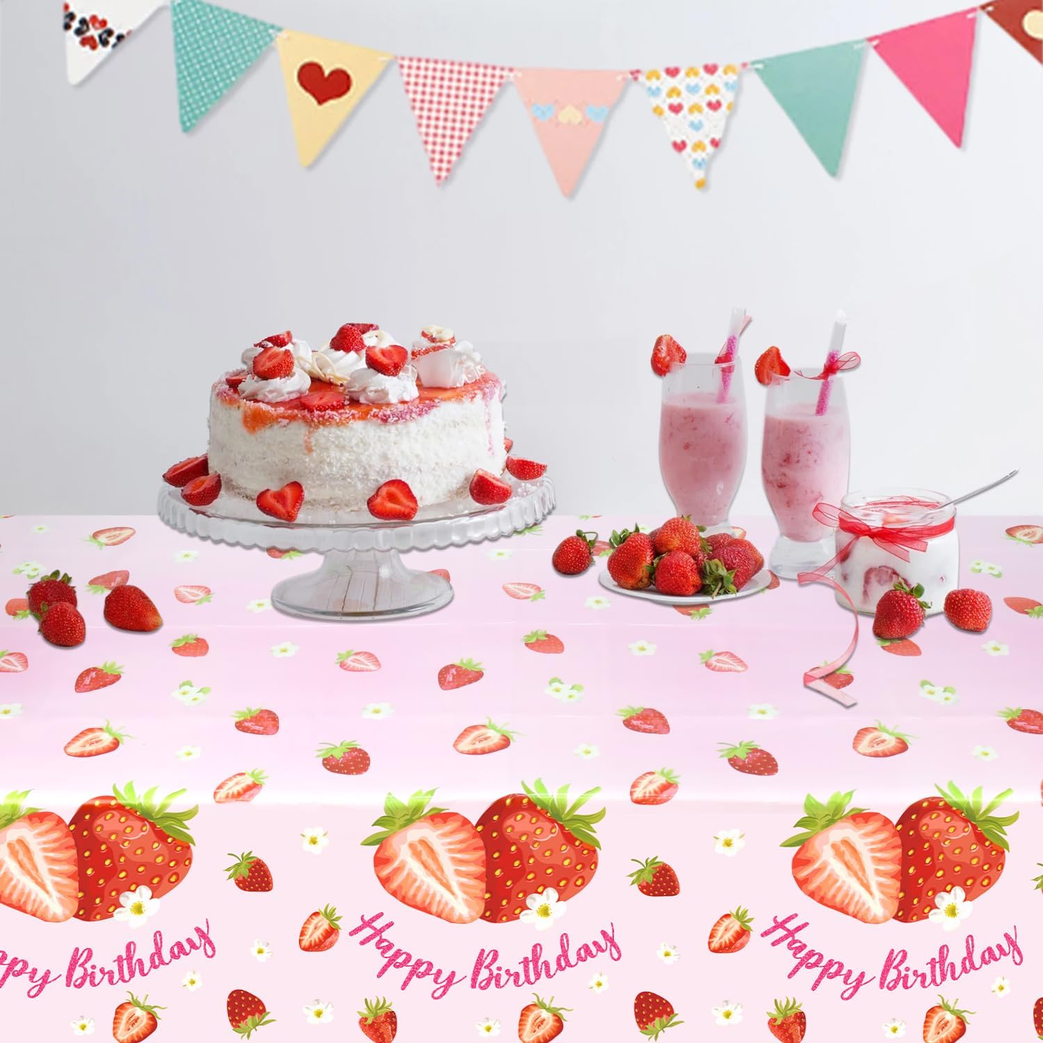 KEFAN 4 Piece Strawberry Tablecloths for Birthday Party Decor
