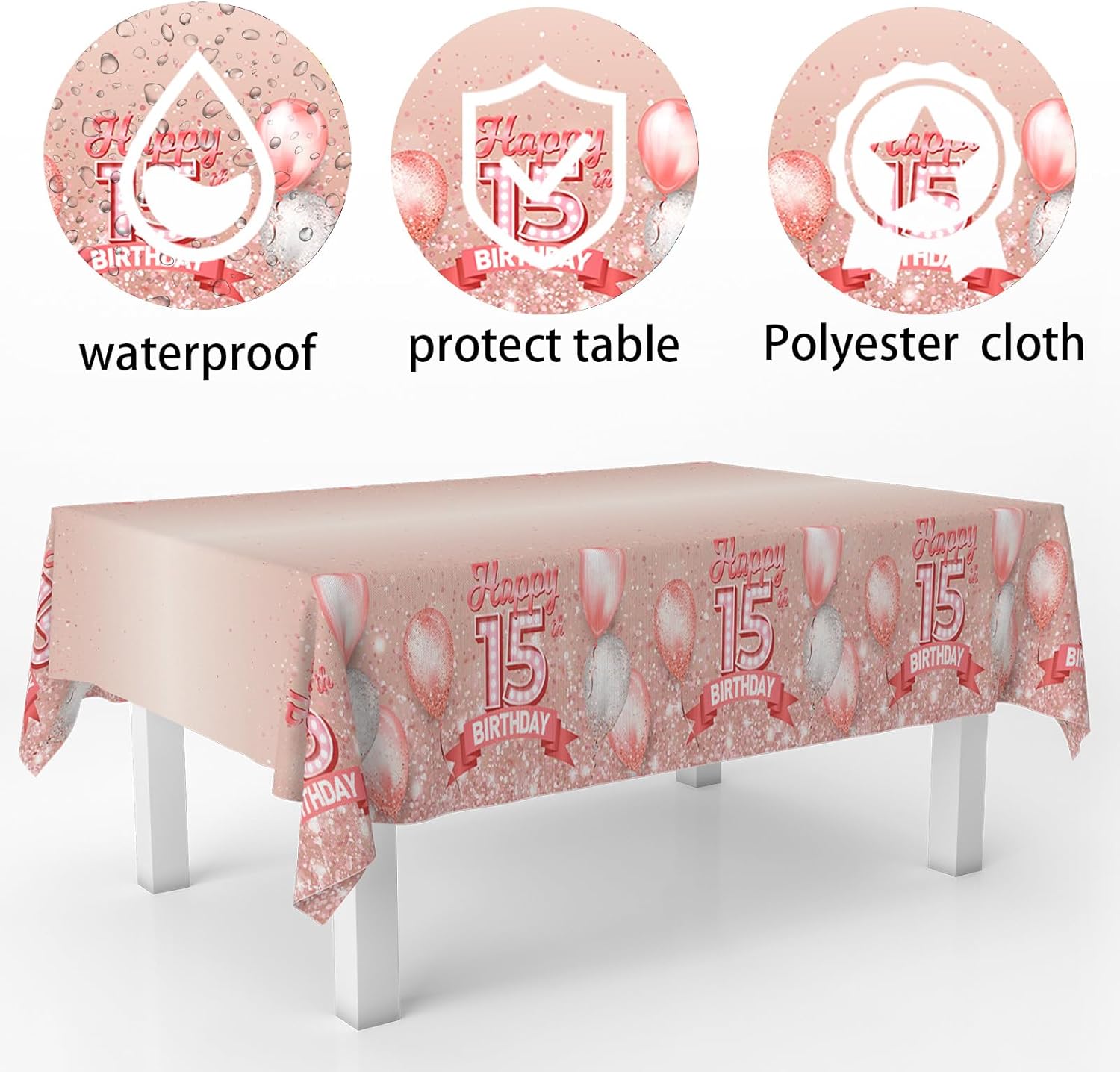 15th Birthday Glitter Tablecloth for Indoor Outdoor Events