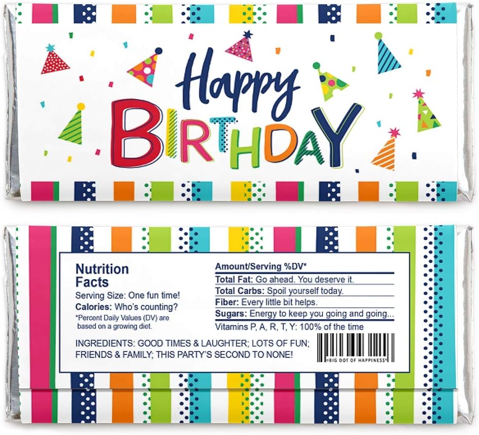 Big Dot of Happiness Birthday Candy Wrappers with Silver Foil - Pack of 24