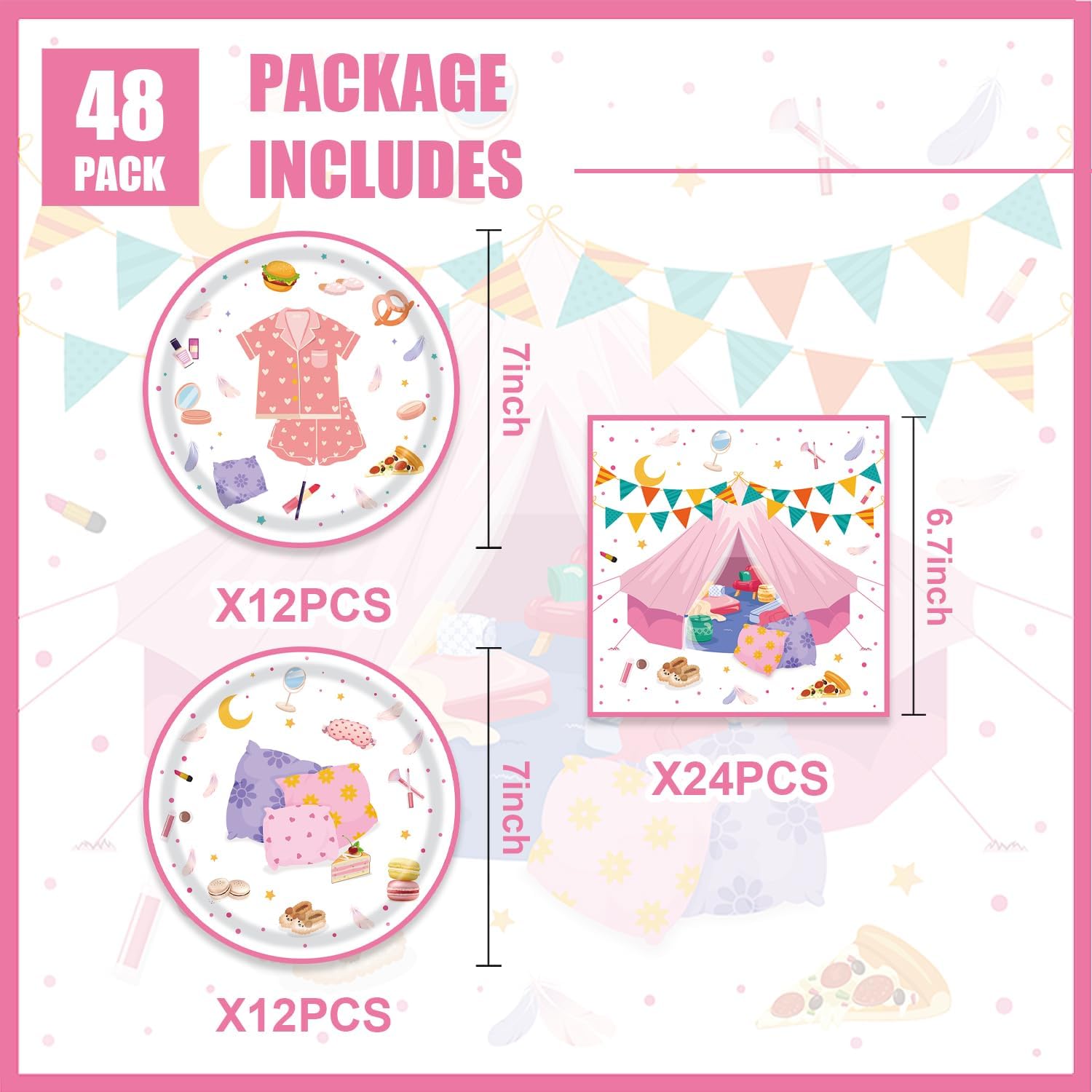48Pcs Sleepover Party Tableware for 24 Guests