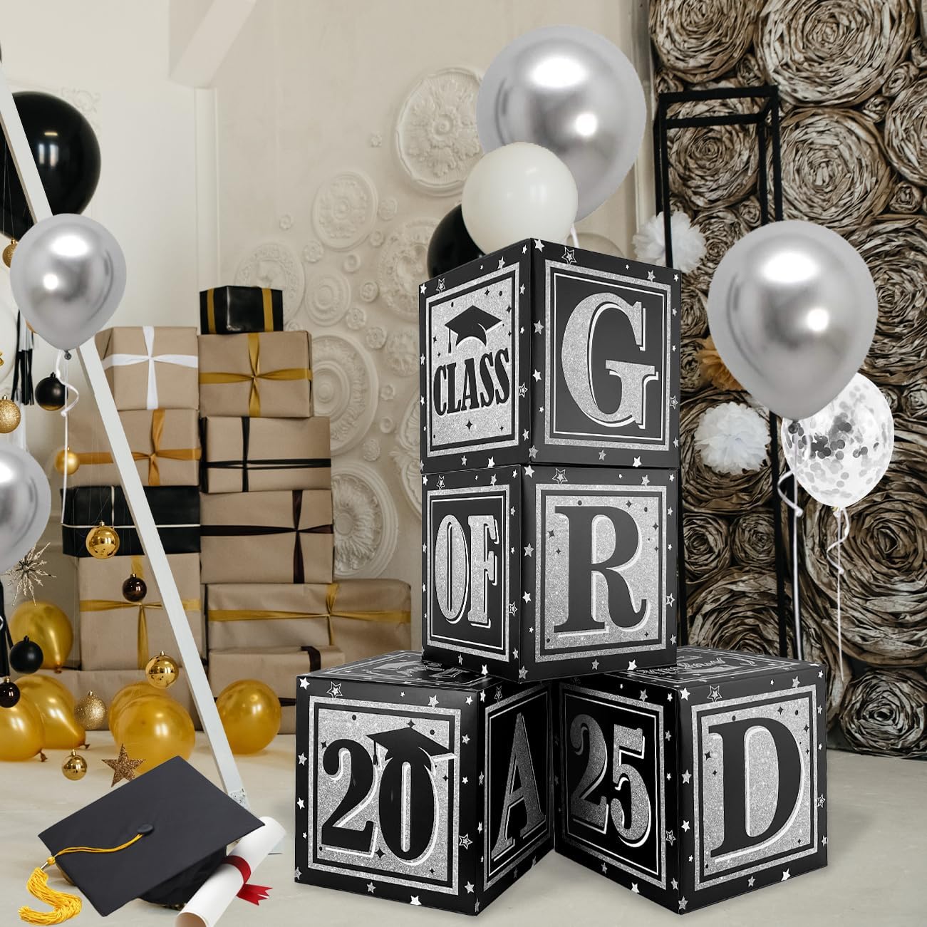 Black and Silver Graduation Decor Balloon Boxes 2025